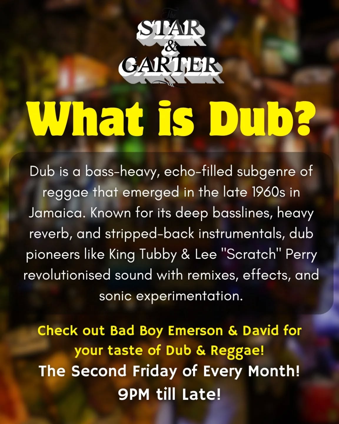 Dub is more than just a genre—it’s a sonic experience. 🌊 Born in 1960s Jamaica, dub strips reggae down to its deep basslines, hypnotic echoes, and spaced-out reverb, creating a sound that’s both trippy and powerful. 🎛️🔉
Pioneers like King Tubby & Lee "Scratch" Perry turned the mixing desk into an instrument, using effects and remixing techniques that shaped bass culture worldwide. 🎶🔥
💬 What’s your go-to dub track? Drop it in the comments! 👇
#DubMusic #ReggaeRoots #BassCulture #SoundSystem #KingTubby #LeeScratchPerry #WhatIsDub #StarAndGarterBristol
#BristolNights
#BristolPub #bristoldjs #bristol