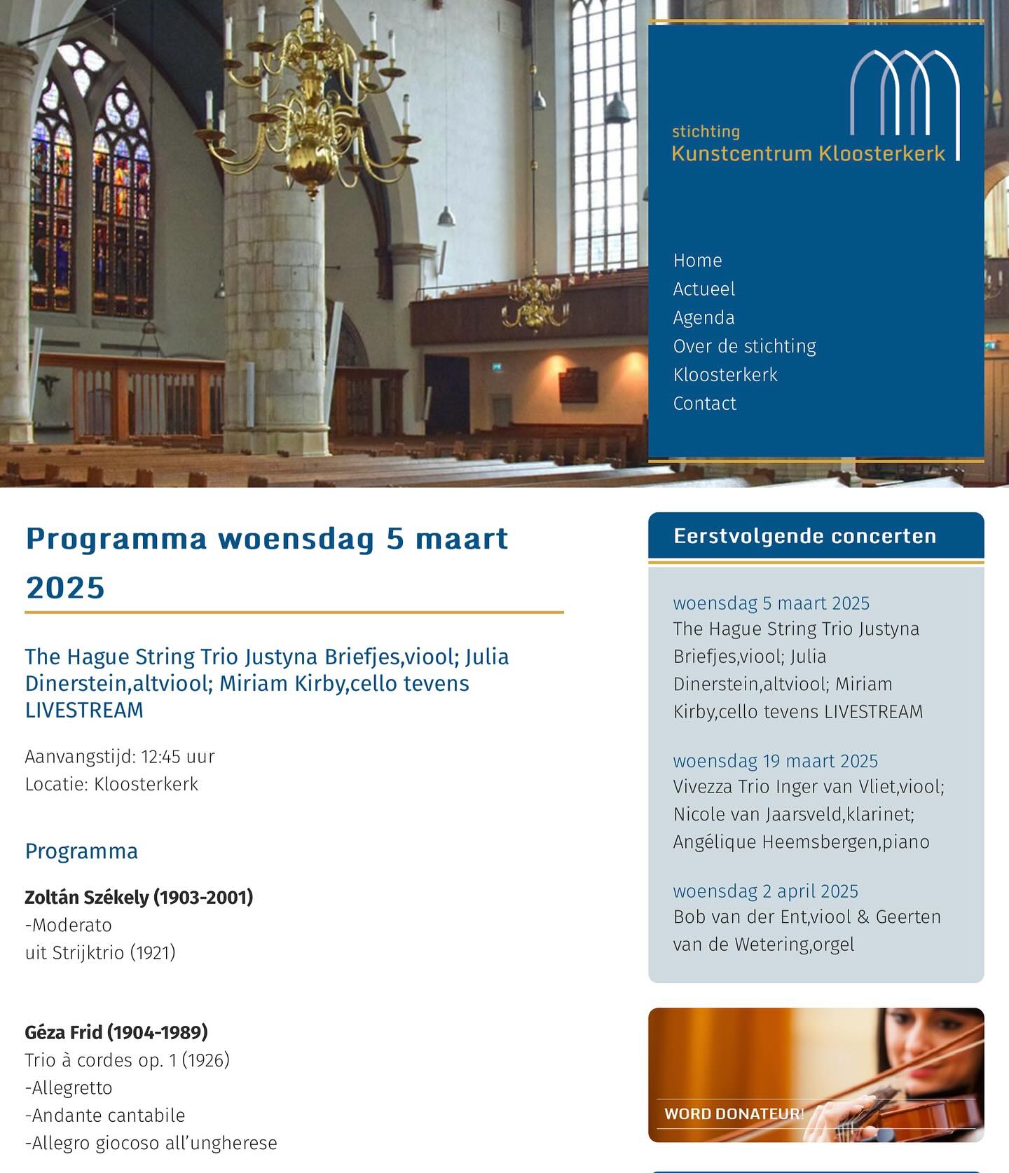 Het is voor ons altijd extra bijzonder als we in onze thuisstad Den Haag spelen. Woensdag aanstaande spelen wij een lunchconcert van een half uur, vanaf 12.45 uur in de prachtige Kloosterkerk in Den Haag.
Op het programma muziek van twee Hongaarse componisten en vrienden die zich in de jaren twintig in Nederland hebben gevestigd: het eerste deel van het strijktrio van Zoltån Székely uit 1921 en het hele strijktrio van Géza Frid uit 1926. Beide werken zijn in Boedapest gecomponeerd en komen op onze nieuwe cd die wij eind april voor @cobrarecords_official zullen opnemen!
Kun je er niet bij zijn? Geen probleem! Er is ook een livestream, te vinden op het YouTube kanaal van Stichting Kunstcentrum Kloosterkerk.
Zien we jullie woensdag?
#gézafrid
#zoltånszékely
#stringtrio
#chambermusic