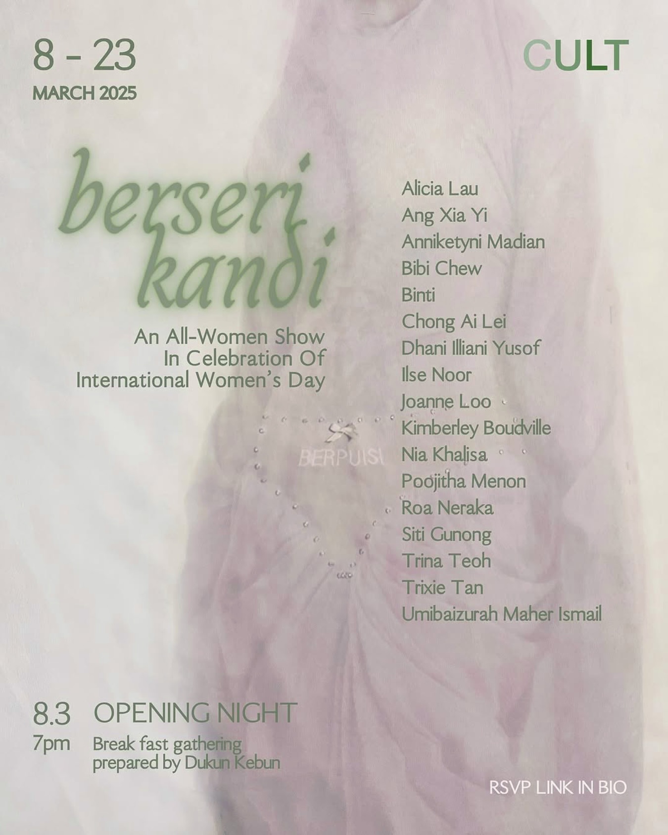 ๐ mari mari on the 8th to @cult_gallery
๐ท๐๐๐๐๐๐พ ๐๐ถ๐๐น๐พ, an all-women group exhibition who is unapologetic, bold, and brilliant. Inspired by the wordplay of โ๐ฃ๐ฆ๐ณ๐ด๐ฆ๐ณ๐ชโ and โ๐ด๐ณ๐ช๐ฌ๐ข๐ฏ๐ฅ๐ชโ, the show celebrates resilience and defiance in all its formsโone that radiates and nurtures its surroundings.
In a world that continues to confine women to specific roles, this exhibition is about women existing authentically.
โจ๐๐๐ง๐จ๐๐ง๐ ๐ ๐๐ฃ๐๐โจ reflects on identity, autonomy, and the evolving perceptions of womanhood in a rapidly changing world.
โAs the legendary warrior pulls on the strings of her bow, the tensions between progress and lingering inequalities sharpen her aim.โ
Join us for Opening Night for a special gathering and ๐๐ง๐ต๐ข๐ณ ๐ฃ๐ฆ๐ณ๐ด๐ข๐ฎ๐ข, prepared specially by Dukun Kebun. We will also have a dedicated room for ๐ด๐ฉ๐ฐ๐ญ๐ข๐ต, so you can comfortably observe your prayers.
Letโs come together to celebrate the brilliance, strength, and artistry of womanhood.
๐ช Opening Night: Saturday March 8, 7pm onwards
๐
Exhibition Duration: March 8โ23, 2025
๐ CULT Gallery
๐ RSVP via link in bio
Photo credit, artwork by:
ยฉDhan Illiani Yusof, Poesy
Conceptual Photography printed on chiffon, voile, cotton fabric, light beaded embellishments, text embroidery
200 x 105cm
#BerseriKandiCULT #InternationalWomensDay #IWD2025 #CULTGallery #womeninart