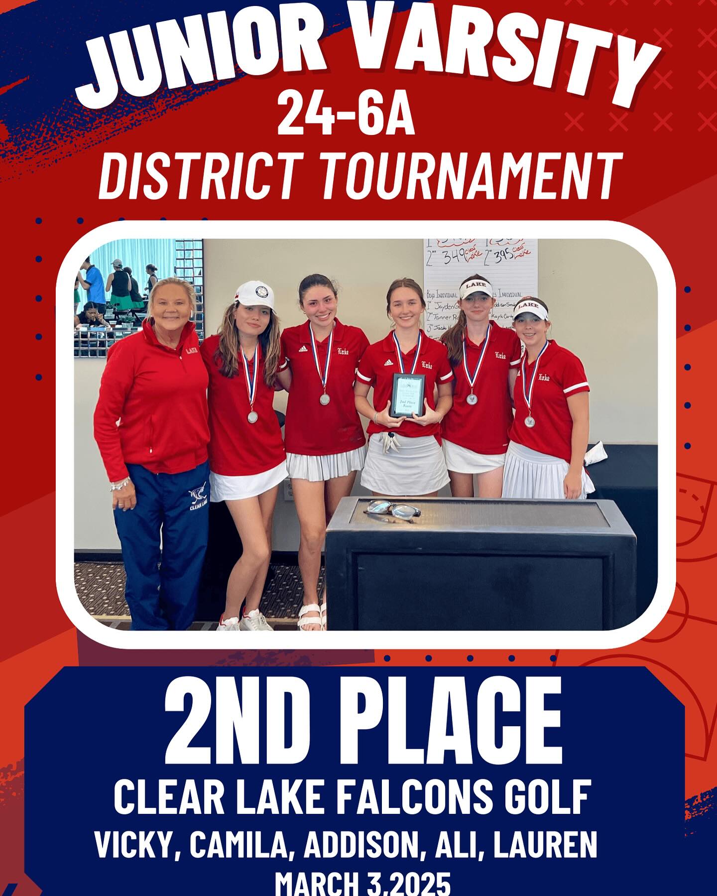 Congratulations to the JV team for their 2nd place finish today at the district tournament!
ADDISON SMULCER is the 24-6A JV District Champion!!!!!!!
Ali Johnson 5th place
Camila David 8th place
Lauren Hartman 12th place
Vicky Herring 15th place