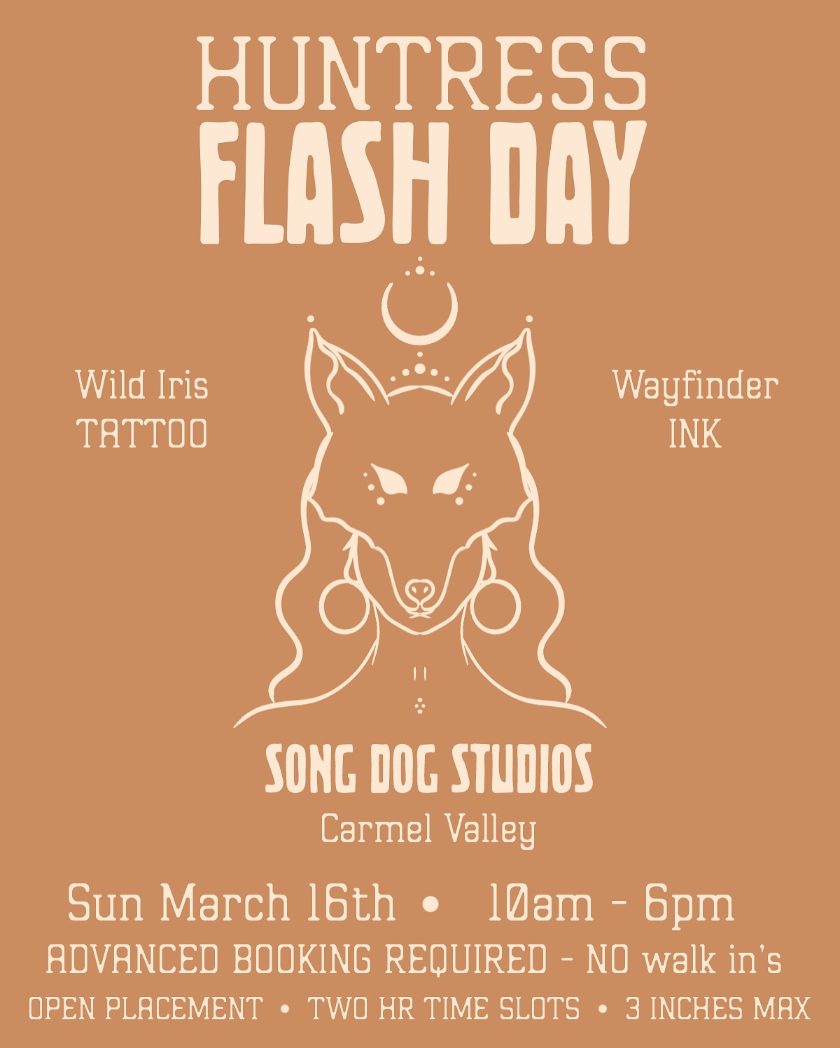 Are you ready for Huntress Flash Day with @wayfinder_ink and @wildiris.tattoo ?
Grab a friend, and join us Sunday March 16th @songdog.studios in Carmel Valley.
These designs were created to hone your primal instincts, embrace the wisdom of the predator and activate the huntress. 🏹 One of a kind poked prayers of focus, initiation, connection and more…🐺
Each design will only be available once so please reach out to secure your spot and design! Pre booking and deposit required. Open placement.
Time slots 10am, 12pm, 2pm, 4pm and 6pm.
Visit @wayfinder_ink and @wildiris.tattoo to learn more in depth information and meaning on their individual designs.
We can’t wait to see you!!
#handpoketattoo #handpokeflash #carmelvalley #carmelvalleyvillage #carmelvalleytattooshop #songdogstudios