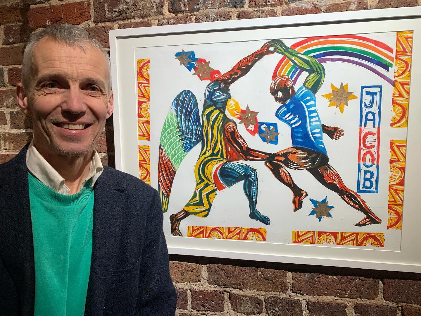 Jacob wrestles with the Angel #linoprint . Delighted to be showing this new piece @stjohnswaterlooarts at their fabulous exhibition Cloud of Witnesses in the beautifully renovated exhibition space under the church. Thank you to all those who worked so hard to make the opening of this exhibition such an enjoyable evening last night. Great to be part of this @stjohnswaterloo #linoprinting #printmaker #printmaking #jacob #angel #jacobwrestlingtheangel #stjohns #faithandart #contemporaryart