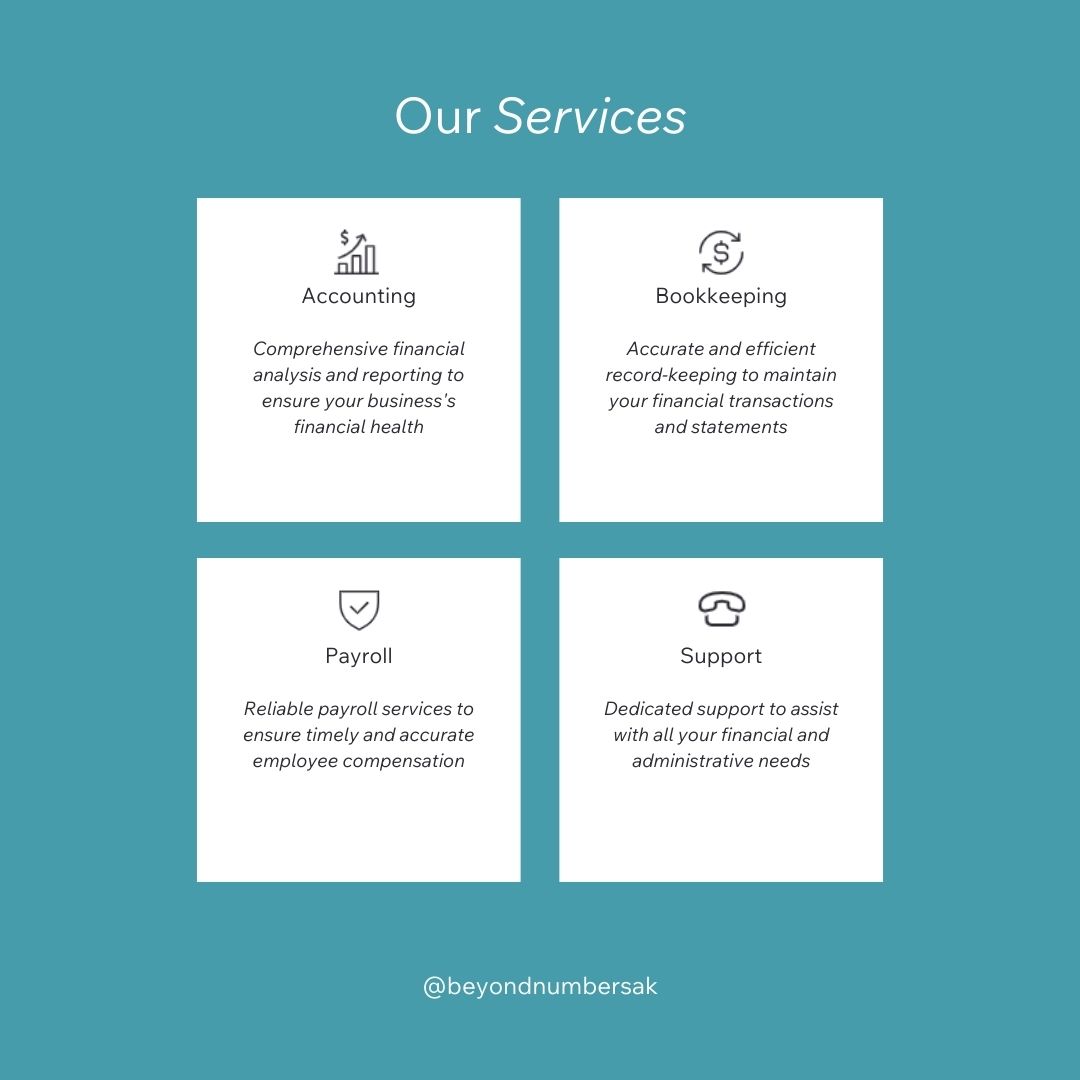 Accounting & Bookkeeping Made Easy!
We offer expert services in:
✅ Bookkeeping
✅ Accounting
✅ Payroll
✅ Support
Let us handle the numbers, so you can focus on growing your business. Get in touch today!
#Accounting #Bookkeeping #Payroll #BeyondNumbersAK