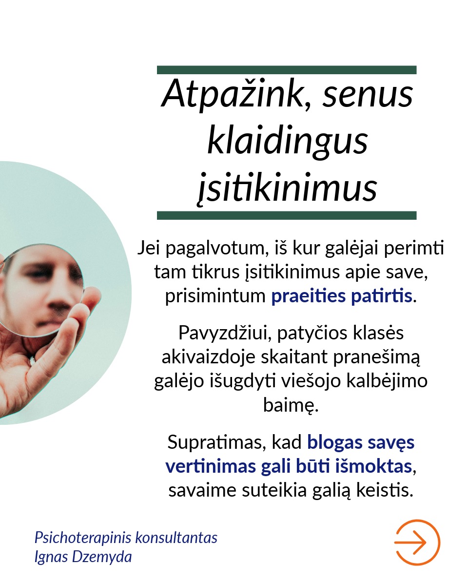 Savivertė – tai asmens realistiškas suvokimas apie savo vertę ir gebėjimas priimti save tokiu, koks jis yra.
Venk apibendrinimų. Teiginys „Aš turiu žemą savivertę" remiasi bendru „viskas arba niekas“ požiūriu. Jei nuoširdžiai įvertintum save, tikėtina, kad galėtum sudaryti sąrašą savybių, dėl kurių turėtum jaustis gerai. Sakymas „Aš turiu žemą savivertę“ yra visiškai nepagrįstas. Taip sakydamas pateisini savo neveiklumą sprendžiant problemas, su kuriomis susiduri. Toks teiginys sukelia bejėgiškumo jausmą ir trukdo imtis pokyčių.
Skaidyk žemą savivertę į konkrečias problemas. Tiksliau ir naudingiau yra įvardyti konkrečias gyvenimo sritis, kuriose tau nesiseka. Sakydamas „Aš turiu žemą savivertę“ tarsi apimi visą tave. Tačiau pasakydamas „Man sunku kalbėti viešai“, įvardiji konkrečią problemą. Aiškiai suformuluota problema gali būti išspręsta.
Pastebėk savo neigiamus mąstymo modelius. Norint pakeisti nestabilią savivertę, svarbu atpažinti momentus, kai tavo mąstymas pats menkina tave. Tam reikia Stebėtojo Aš.
Atsakyk savo neigiamoms mintims. Kai pastebi neigiamas mintis, gali su jomis „pasikalbėti“ ir pakeisti jas teigiamomis, stiprinančiomis mintimis. Kai nustojame suasmeninti kitų žmonių elgesį, galime jį vertinti objektyviau.
Atpažink, senus įsitikinimus. Kai susimąstai, iš kur galėjai perimti tam tikrus įsitikinimus apie save, dažnai prisimeni praeities patirtis. Pavyzdžiui, patyčios klasės akivaizdoje skaitant pranešimą galėjo išugdyti viešojo kalbėjimo baimę. Supratimas, kad blogas savęs vertinimas gali būti išmoktas, savaime suteikia galią keistis.
Susikurk aplinką, kuri nuolat palaikytų, realistiškai tave vertintų ir padrąsintų. Tai gali būti palaikantys šeimos nariai, draugai, konsultantas, terapeutas, paramos grupės, mokytojai, kolegos ar bendruomenės organizacijos.
Nepamiršk pasirūpinti savimi!
#psichologija #psichoterapija
#savespazinimas #psichologas #emocinesveikata #psichologinepagalba #savirefleksija #terapija #psichinesveikata #meditacija #gyvenimokokybė #asmeninisaugimas #augimas #savivertė #saviverte