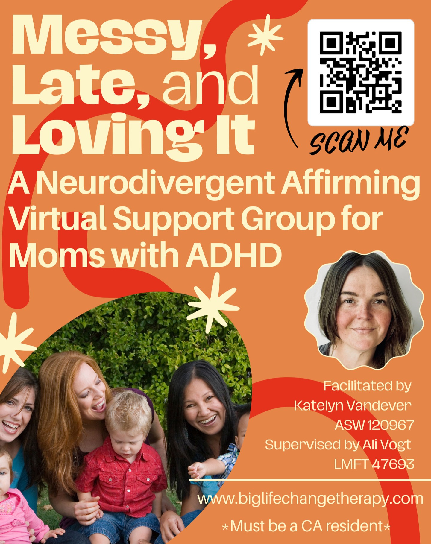 If you are a mom navigating the transition into motherhood while navigating ADHD - or if you are a new mom who feels like your life just imploded and *maybe* you have ADHD, come meet other moms in the same boat and weather the storm together. This group is meant to build connection, camaraderie, self acceptance, and challenge expectations that do not serve you. If you live in CA, book a free consultation to see if this group is for you.