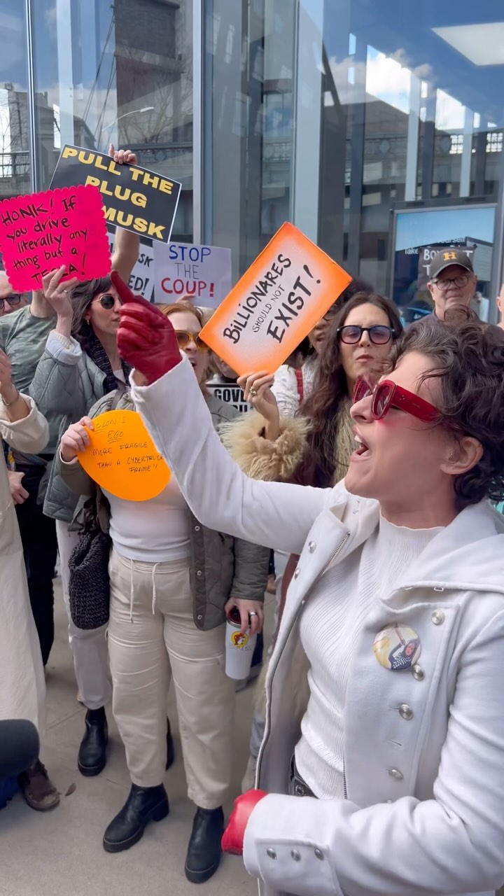Woody Guthrie said it best!
From today’s #TeslaTakedown outside the Tesla showroom in NYC’s meatpacking district, just one of many demonstrations at Tesla dealerships across the nation yesterday.
Sell your Teslas, dump your stock, join the picket lines. Hurting Tesla is stopping Musk, and stopping Musk will help save lives and our democracy. The stakes couldn’t be higher.
Be part of the mass movement to hold Musk, and this clown administration, accountable. TeslaTakedown.com to find a protest near you.
-Musk and his tween cronies at DOGE have taken control of the Treasury and other departments with no governmental authority, with illegal access to private data on all citizens and companies, and is gutting our essential infrastructure. He is a menace and must be stopped.
-Musk’s inflated wealth is almost entirely tied up in his stake in Tesla.
-A North American sales collapse would be a disaster for Tesla shareholders, starting with Musk himself, who owns around 13 percent of the company.
All you fascists bound to lose.