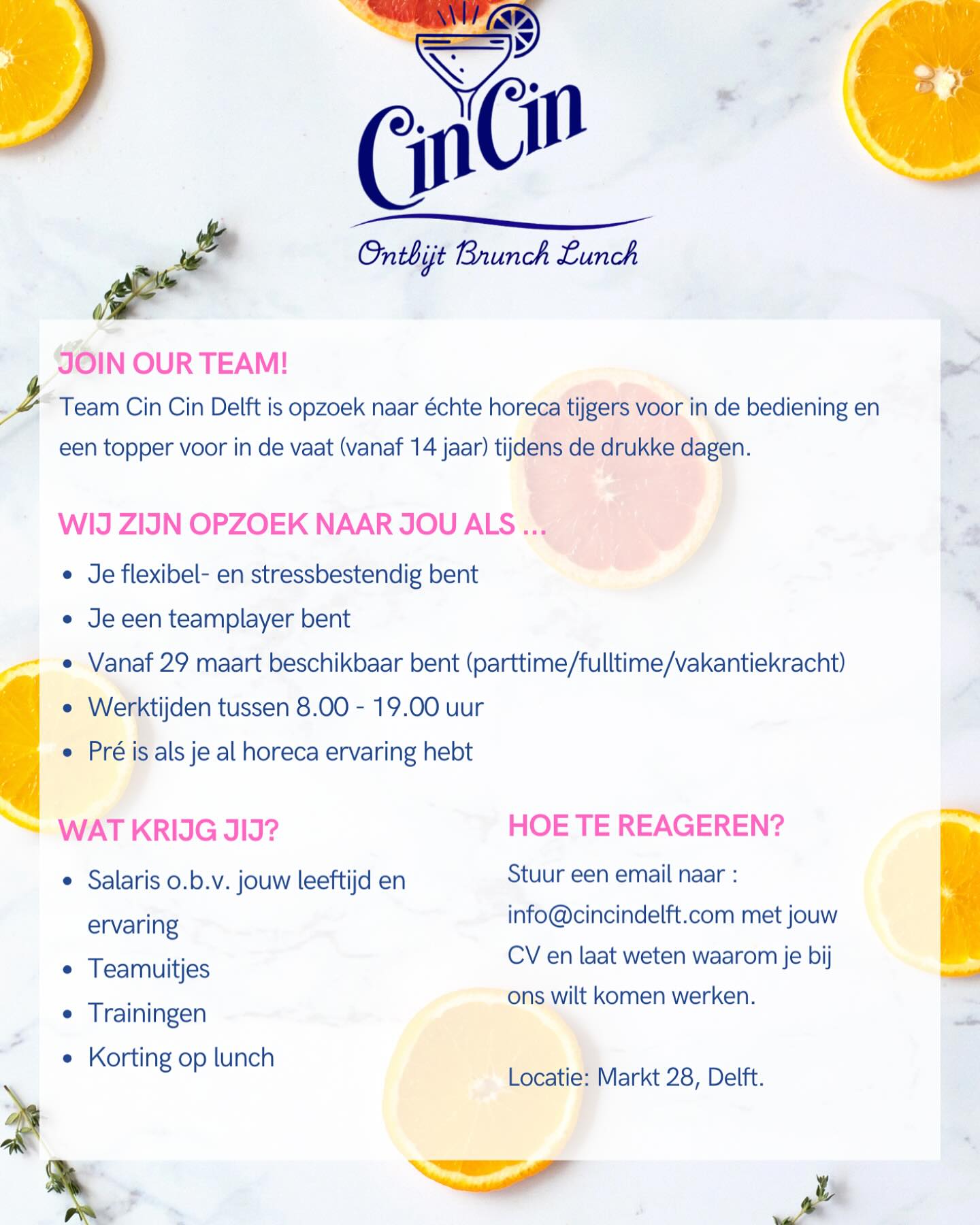 Zoek jij een nieuwe uitdaging? 💼 Wij zijn op zoek naar enthousiaste collega’s voor Cin Cin! 🌟 Stuur je cv naar onze mail en wie weet word jij onze nieuwe collega! ✨ #Vacature #NieuweCollega #Delft #Teamwork #cincin #horeca #gezelligheid #nieuw