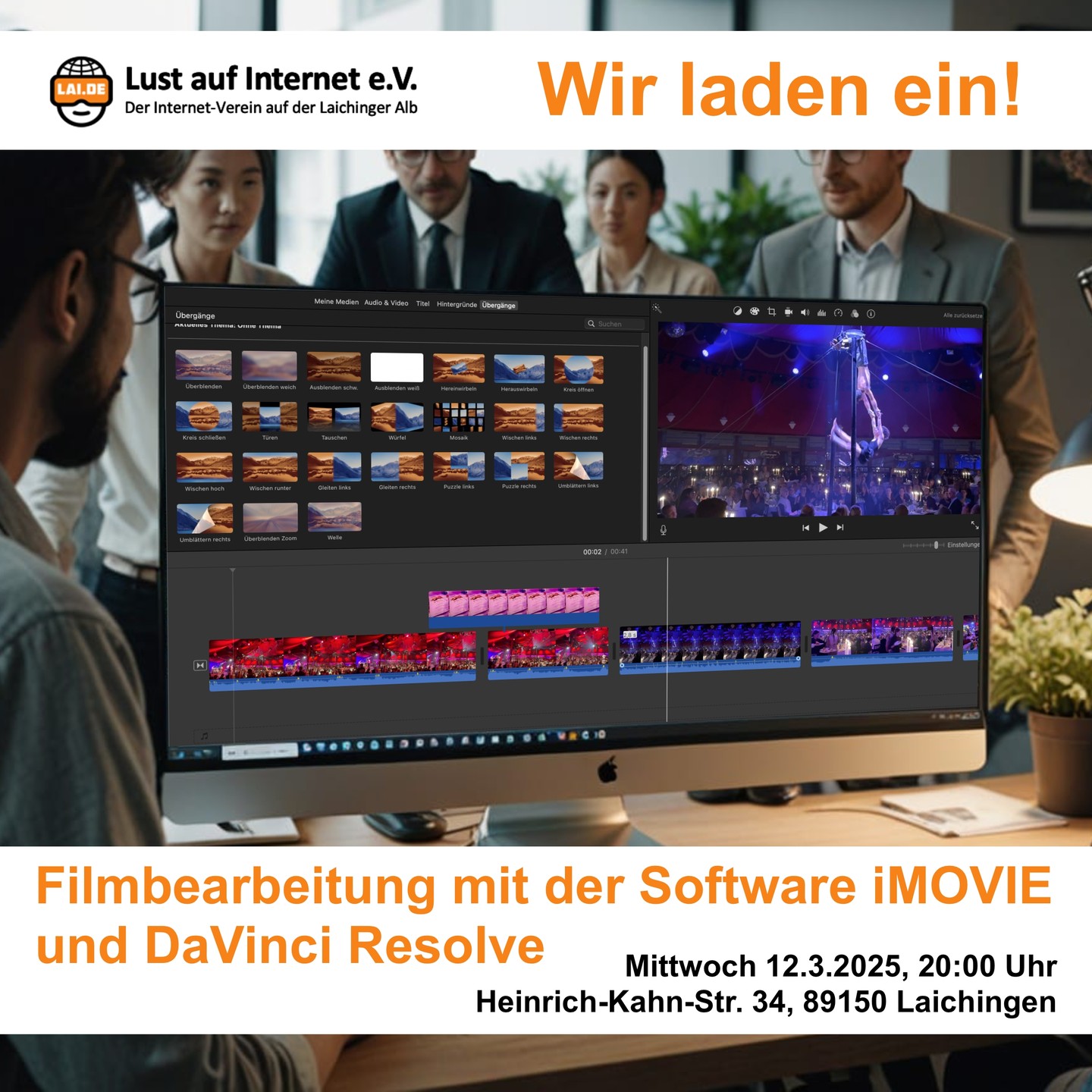 In unserem nächsten Vortrag geht es um das Thema "Filme bearbeiten". Hier zeigen wir die Programme iMOVIE (Mac) und DaVinci Resolve (Windows), wie sie funktionieren und erstellen einige Videos. Die Veranstaltung ist wie immer für alle Teilnehmer kostenlos.#Laichingen #laichingeralb #lustaufinternet #albdonaukreis #filmerstellung #filmbearbeitung #schulung #imovie #davinciresolve