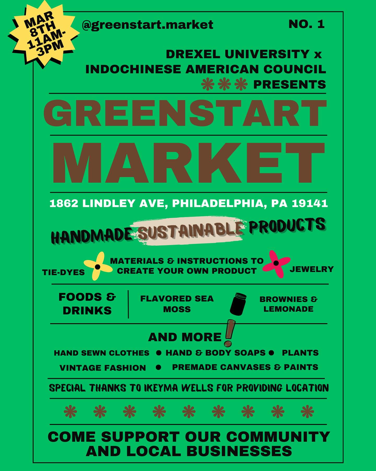 On Saturday, March 8th GreenStart is hosting our first market featuring locally made, natural and sustainable products!! From 11AM to 3PM at 1862 Lindley Avenue, Philly 19141! Stop by for great vendors and food!