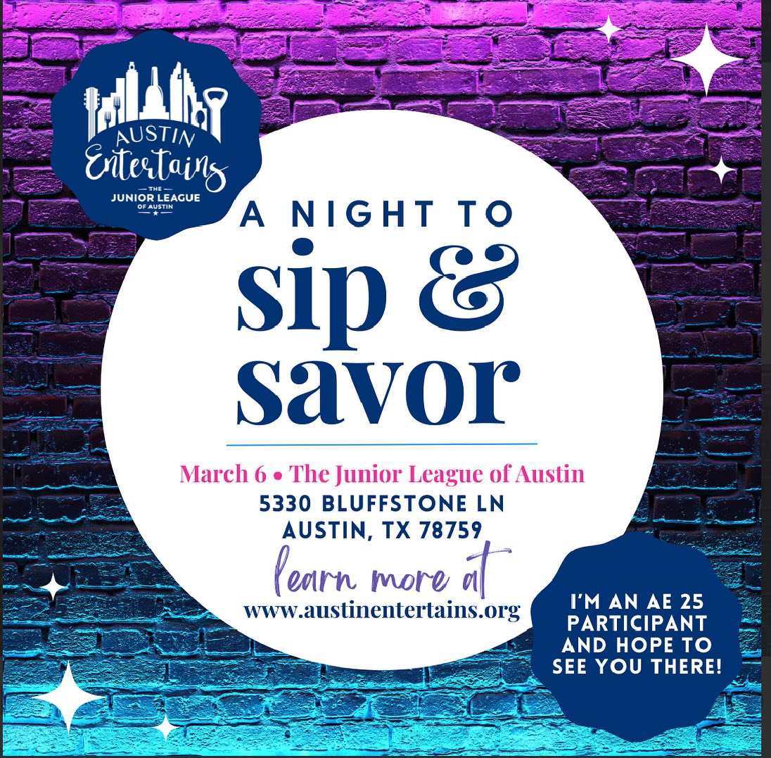 I’m excited to be participating in the ninth annual Austin Entertains Sip and Savor this Thursday, March 6!
This is an incredible event spotlighting entrepreneurs and innovative women in the culinary arts by featuring the Austin area’s top chefs, bartenders, spirit purveyors, winemakers and industry leaders. The event also benefits The Junior League of Austin’s signature programs, including Food in Tummies (FIT) which combats food insecurity in East Austin and Del Valle.
Austin Entertains has cooked up an incredible lineup of culinary bites and drinks that you do not want to miss! I can’t wait to participate alongside so many remarkable women in the culinary community and I hope to see you there. Visit austinentertains.org to learn more and purchase tickets!
📅 March 6, 2025
🕢 7:00-9:30 PM
📍 The Junior League of Austin’s Community Impact Center
#AustinEntertains #AustinEntertains2025 #AE #AE25 #SipandSavor #SipandSavor2025 #JuniorLeagueofAustin #JLAustin #JLA #ATXFoodie #AustinFoodie
