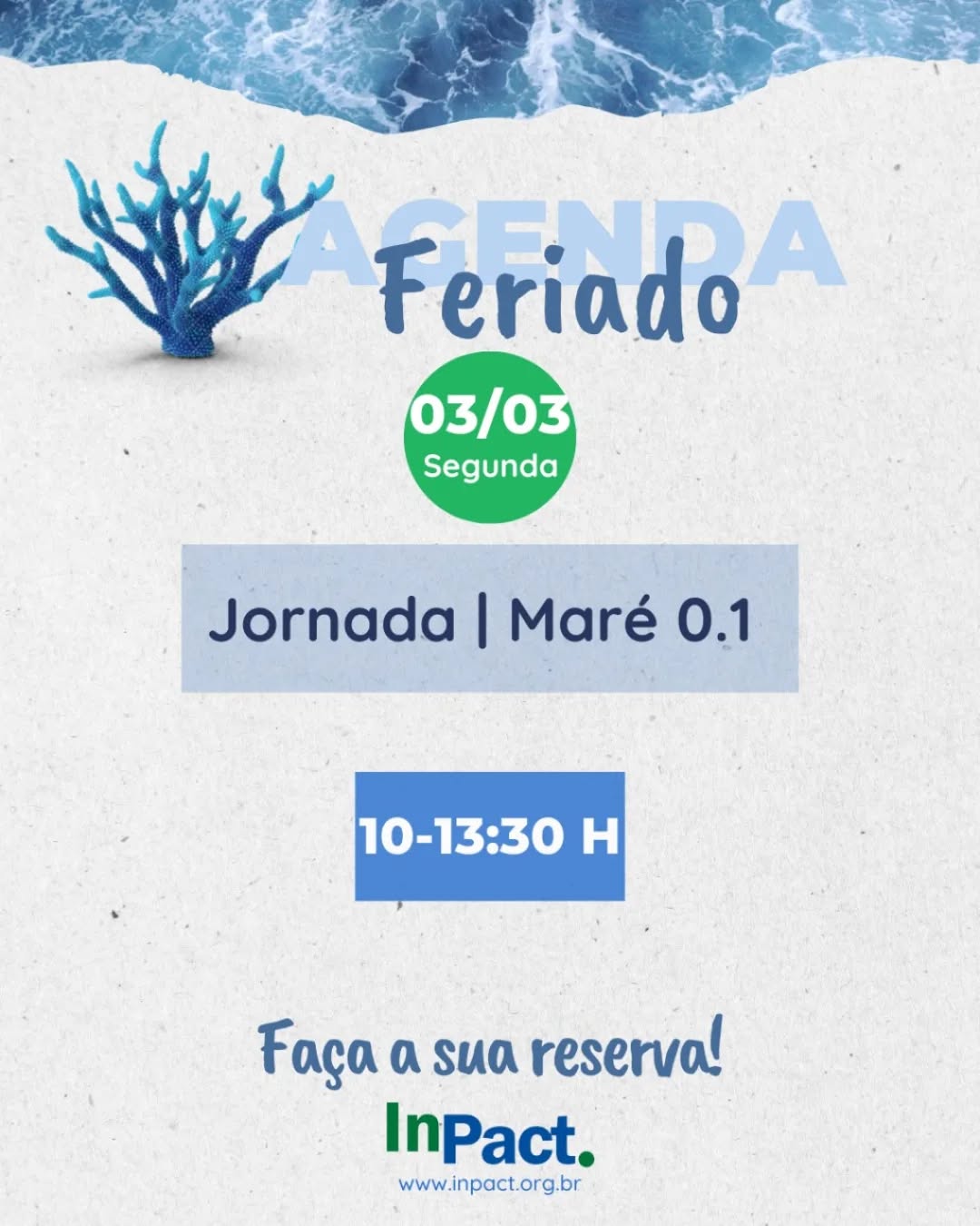 🌊Jornada aos Recifes de Corais🌊
🗓Data: 03/03
🚤Embarque: 10hrs
📝Roteiro: Com o acompanhamento de uma equipe técnica ambiental, o participante receberá uma breve palestra no Espaço Oceano e depois embarcará da praia do Seixas (João Pessoa/PB) até os recifes do Seixas, onde será explicado sobre a formação do ambiente praial e recifal, os processos ecológicos e funcionais das diversas espécies da fauna e flora e os fatores que influenciam na saúde destes animais (como o branqueamento dos corais e o que pode ser feito por cada um, tornando o participante um protagonista para exercer a ciência cidadã).
🐠A jornada inclui o uso da máscara full-face, uma vaga na embarcação e certificado interativo. Partida e retorno no Espaço Oceano.🐟
⏳Tempo de duração: 3h30
📞Mais informações: 83 99128-8835
