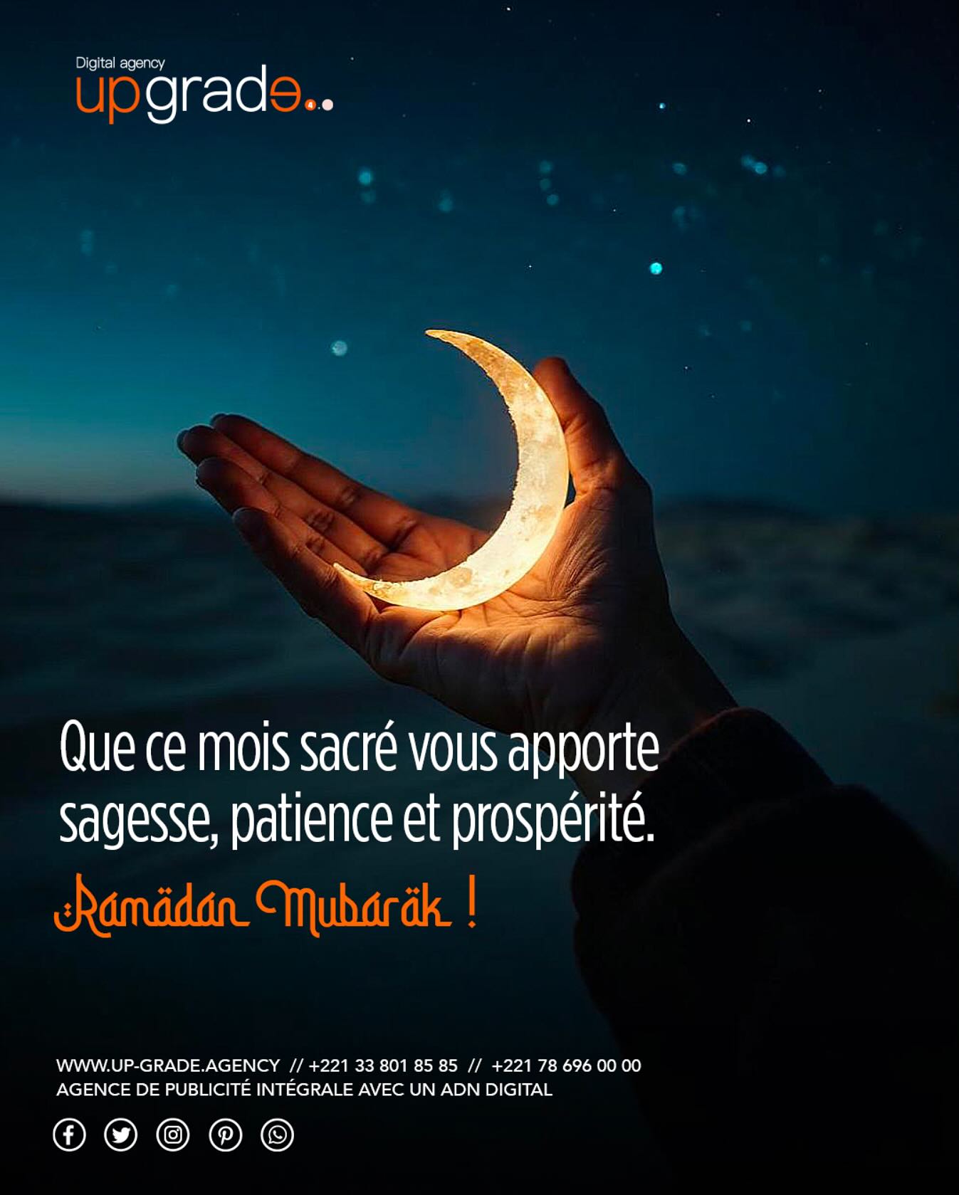 🌙 Le mois sacré de Ramadan est là 🌙
Le Ramadan est un moment de réflexion, de partage et de renouveau spirituel. C’est l’occasion de se reconnecter avec nos valeurs profondes, de renforcer nos liens et de cultiver la solidarité. Nous sommes honorés de vivre ce mois avec nos équipes, nos clients et partenaires.
Nous vous souhaitons un Ramadan serein et prospère. Que la lumière de ce mois illumine votre chemin vers la réussite.
#Ramadan2025 #MoisDeBénédictions #Solidarité #CroissancePersonnelle #RamadanMubarak #Valeurs #UpgradeAgency