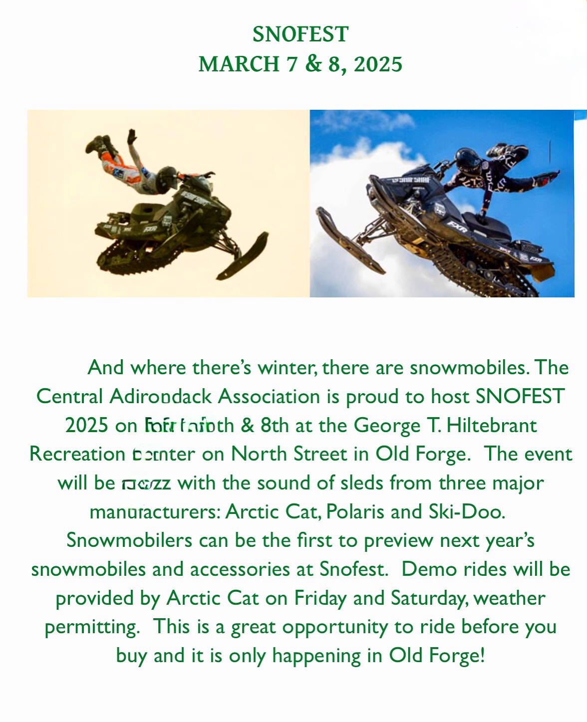 ❄️ Get ready for an action-packed weekend at SnoFest 2025 in Old Forge! Enjoy exclusive previews of next year’s sled models and gear! It’s the ultimate celebration for snowmobile enthusiasts and those looking to get into this incredible sport! 🏔️✨ Don’t miss the fun on March 7-8 at the George T. Hiltebrant Recreation Center. Village Cottages East: Town and Trails Main House is Available! This 3-bedroom, 1.5 bath, large living room, kitchen and bonus room retreat is conveniently located across a snowmobile trail, walking distance to town and less than 5 min drive to where SnoFest festivities are taking place! Book Now! Email villagecottagesoldforge@gmail.com
#snofest2025 #oldforgeadventures #snowmobilelife #booknow #weekend #adirondacks #winter #snowmobile #fun