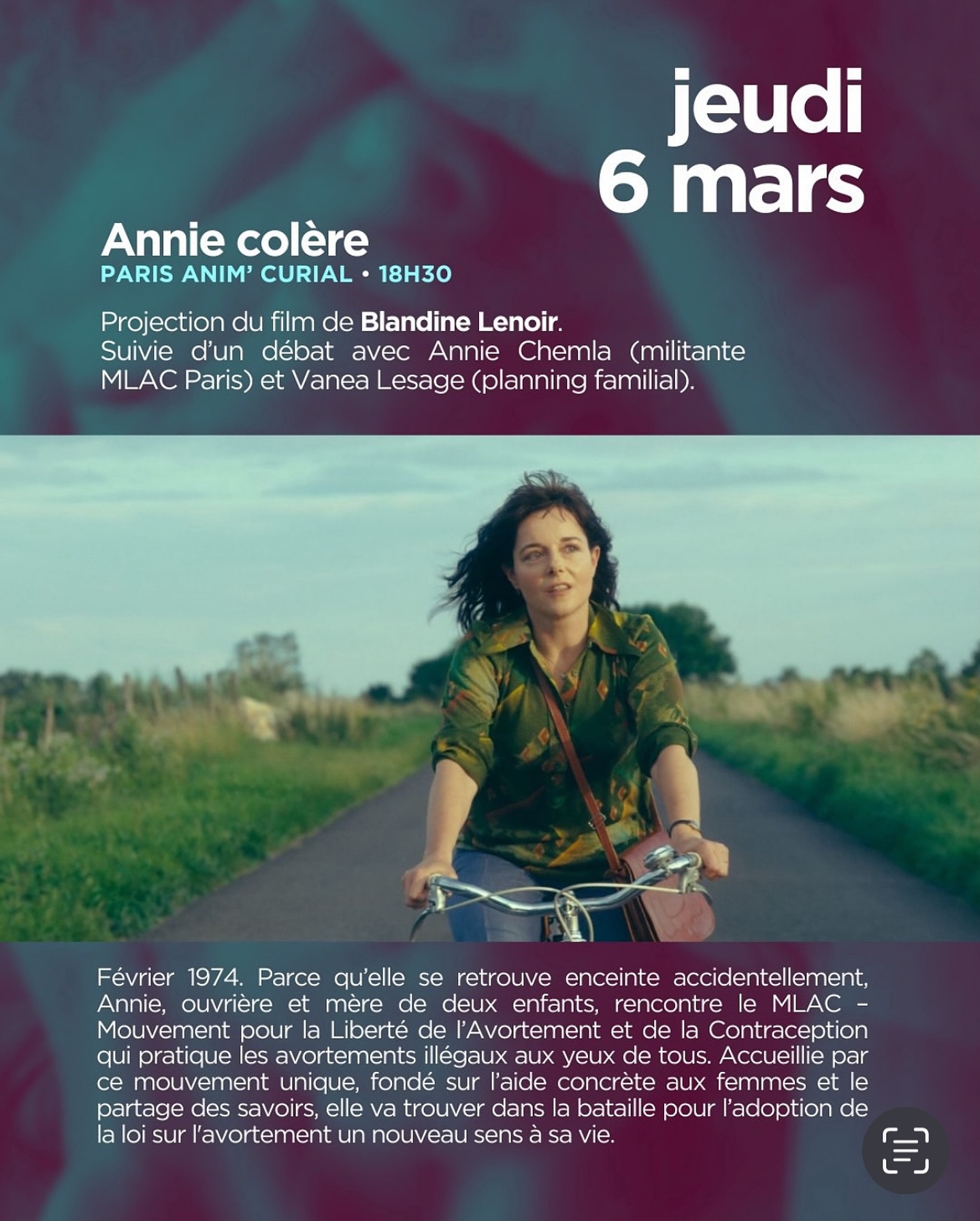 Hello ! On se retrouve toute à l’heure pour notre grande projection / débat de la semaine ☺️ avec le film ANNIE COLÈRE suivi d’une discussion avec nos invitées 🫶 18h30 sur Centre Paris Anim Curial - 16 rue Colette Magny 75019 Paris.