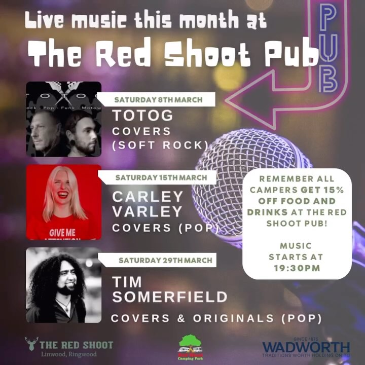 🌿🏕️ March is packed with live music at The Red Shoot Inn! 🎶 If you’re staying with us on a Saturday night, pop next door and enjoy some great tunes. Plus, all our campers get 15% off food & drink—just another reason to relax and make the most of your stay! 🍽️✨ #RedShootCampingPark #FamilyCamping #NewForestAdventures #CampfireNights #OutdoorFun