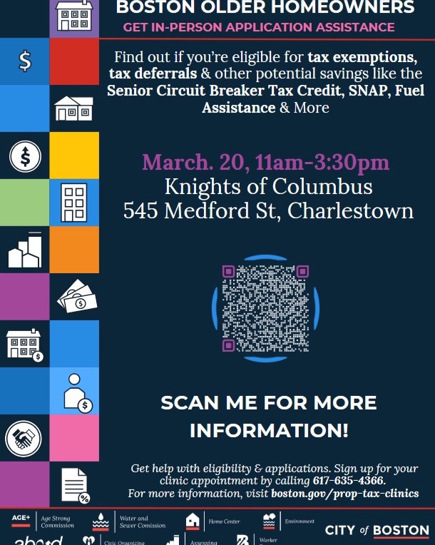 Posted @withregram • @onscharlestown #Charlestown on March 20th from 11am-3:30pm, stop by the Knights of Columbus to find out if you're eligible for tax exemptions, tax deferrals, and other potential savings like Senior Circuit Breaker Tax Credit, SNAP, Fuel Assistance, and more. Contact Age Strong at 617- 635-4366 to set up an appointment or visit boston.gov/prop-tax-clinics for more information.
