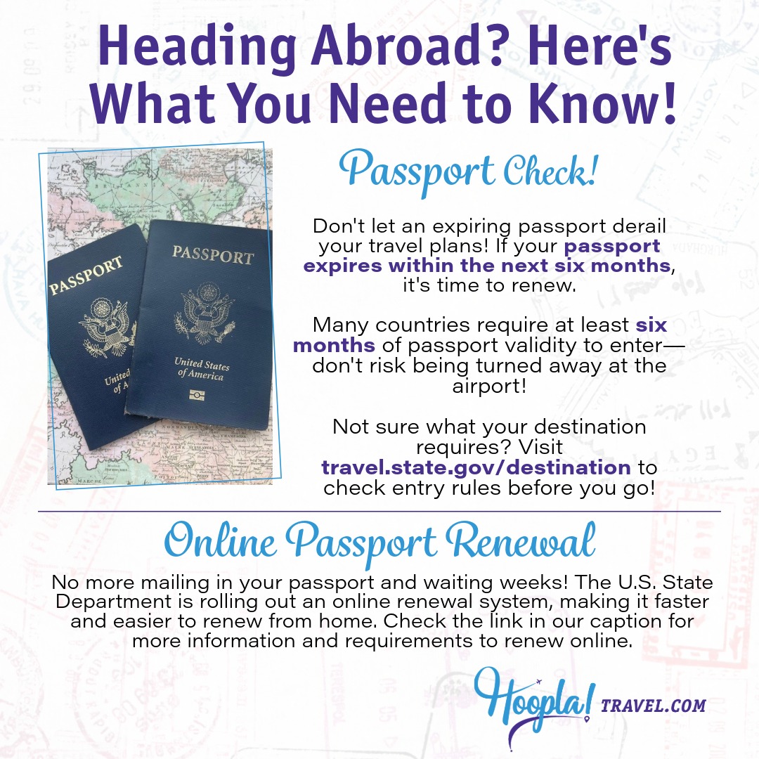 🌍✈️ Don't Let Your Trip End Before It Begins! If your passport expires within six months, you might be grounded before takeoff.
✔️ Hoopla Hack: Check your destination’s entry requirements now at
travel.state.gov/destination
and renew ASAP at travel.state.gov/passport
if needed.
No one likes last-minute surprises at the airport! Stay ahead and travel stress-free! ✨ 💼🛂
#TravelReady #PassportCheck #KnowBeforeYouGo #Hooplatravel #traveltips #hoopla #alltravelnostress #internationaltravel #2025travelrequirements #passport #passportready #hooplahack