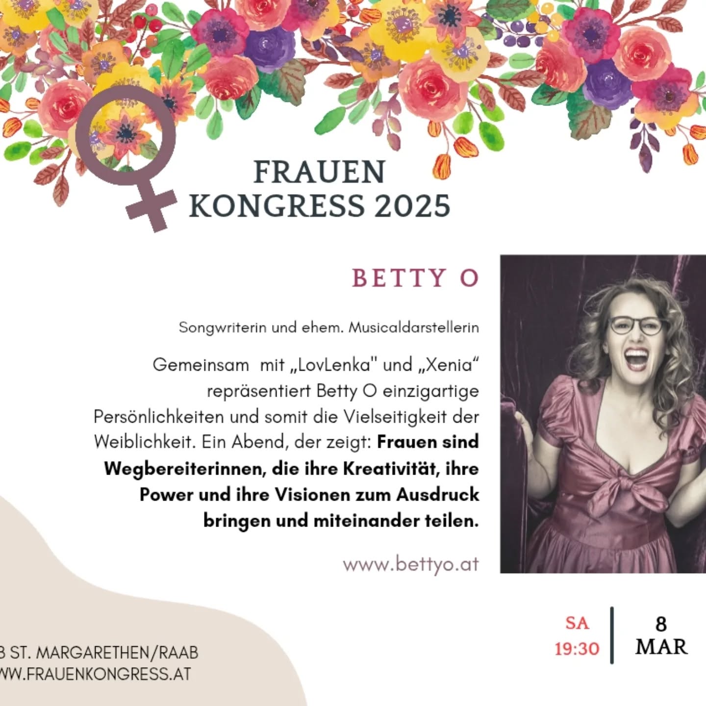 Wir freuen uns auf eine weiter phantastische Frau auf der Bühne!
#bettyo präsentiert gemeinsam mit #xenia und #lovlenka die Vielfalt weiblicher Künstlerinnen und begleitet mit ihrem Programm durch den Abend!
H o l dir e i n e s der letzten Tickets auf www.frauenkongress.at/veranstaltungen
www.bettyo.at
#frauenkongress #frauenstärkenfrauen #weltfrauentag