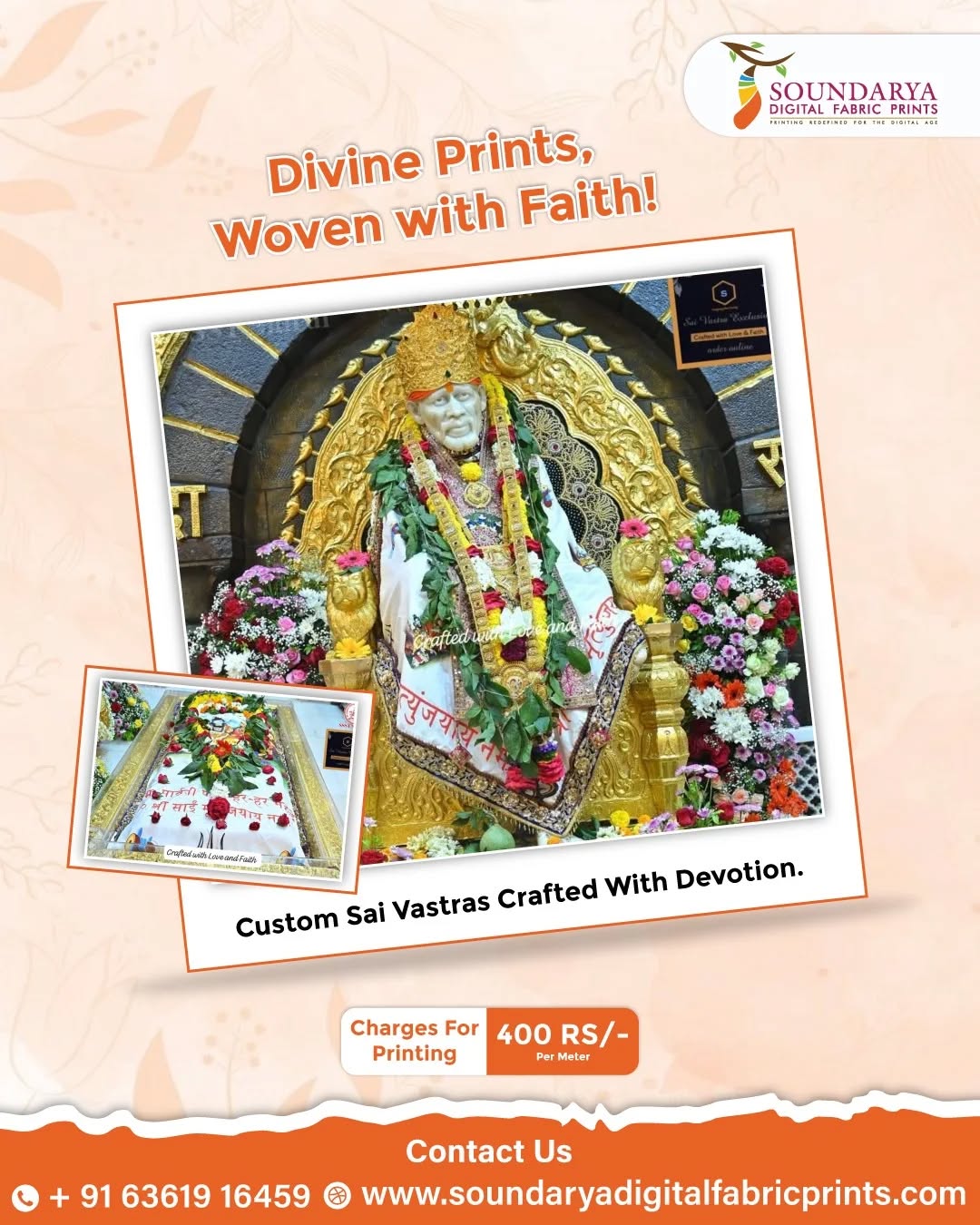 Divine Prints, Woven with Faith! ✨
At Soundarya Digital Fabric Prints, we take immense pride in crafting custom Sai Vastras with devotion and precision. This beautiful fabric, adorned with sacred prints, was sent to us by a beloved customer after being offered to Shirdi Sai Baba. Seeing our work become part of such a divine offering fills our hearts with gratitude!
🧵 Every print is more than just fabric; it’s a symbol of faith, devotion, and love. Whether for temples, poojas, or personal worship, we bring your spiritual vision to life with high-quality digital fabric printing.
🔸 Custom Sai Vastras
🔸 Personalized Religious Prints
🔸 Premium Digital Fabric Printing
📌 Printing Charges: Just ₹400 per meter
📞 Contact Us: +91 63619 16459
🌐 Visit: www.soundaryadigitalfabricprints.com
🙏 Thank you for trusting us with your devotional prints. May Sai Baba bless you all!
#SaiBaba #ShirdiSaiBaba #SaiVastra #DivinePrints #FaithWovenInFabric #SoundaryaDigitalPrints #DigitalFabricPrinting #CustomFabricPrints #DivineDesigns #divineprints #DevotionalArt #DesignerFabrics #devotionalvastra #bangloreprinting #BangaloreFashion #omsairam #CustomPrintSarees #customerfeedback