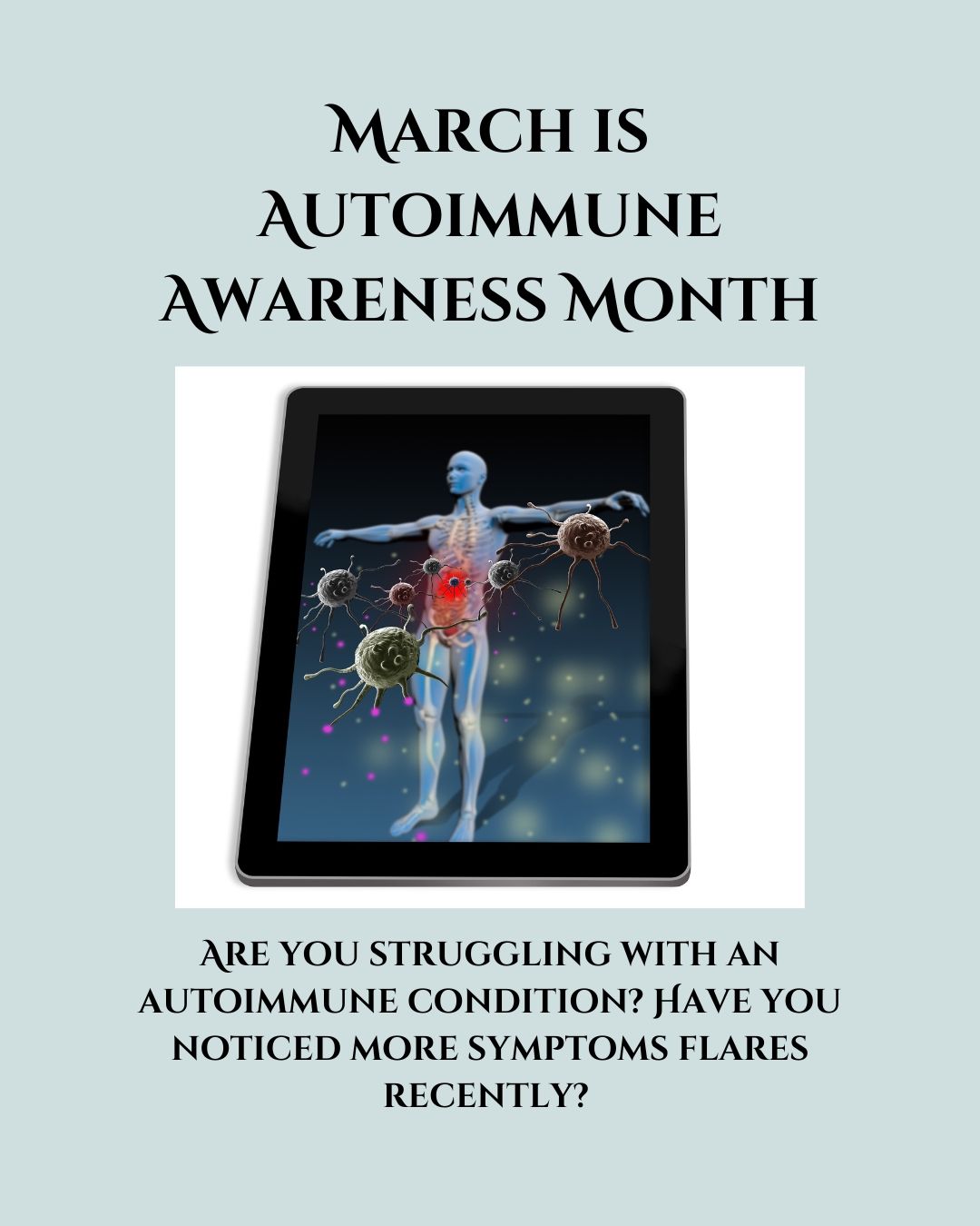 If yes, you are not alone. Environmental factors play a role. Research indicates that vitamin D levels which reach the lowest point during late winter and early spring is correlated with increased disease activity, clinical severity as well as relapse rates in several disease entities including multiple sclerosis (MS), non-cutaneous flares of systemic lupus erythematosus (SLE), psoriasis, and rheumatoid arthritis (RA).
Additionally, immunomodulatory actions of melatonin secretion ameliorate the severity of several autoimmune diseases including MS and SLE. Melatonin levels are lowest during spring, a finding that correlates with the highest exacerbation rates of MS. (https://pubmed.ncbi.nlm.nih.gov/28624334/)
There may be more you can do to help your body heal your autoimmune symptoms than your doctor has told you about. Explore functional nutrition counseling. A natural way uncover the roots of your disease dynamics and receive the guidance you deserve to bring your body back into balance. Heal your gut, heal your life. That means getting enough good sleep, managing your stress and mindset, too!
.
.
.
#walkersfunctionalnutrition
#functionalmedicinehealthcoach
#functionalnutrition
#functionalnutritioncounselor
#functionalnutritioncounseling
#healthcoach
#dietandlifestylecounseling
#empoweryourselfnaturallythroughdietandlifestyle
#personalizeddietandlifestyle
#functionalmedicine #autoimmunity #healautoimmunedisease
#digestivehealth #guthealth #mentalhealth #leakygut #autoimmuneawarenessmonth
#womanowned #northamptonma