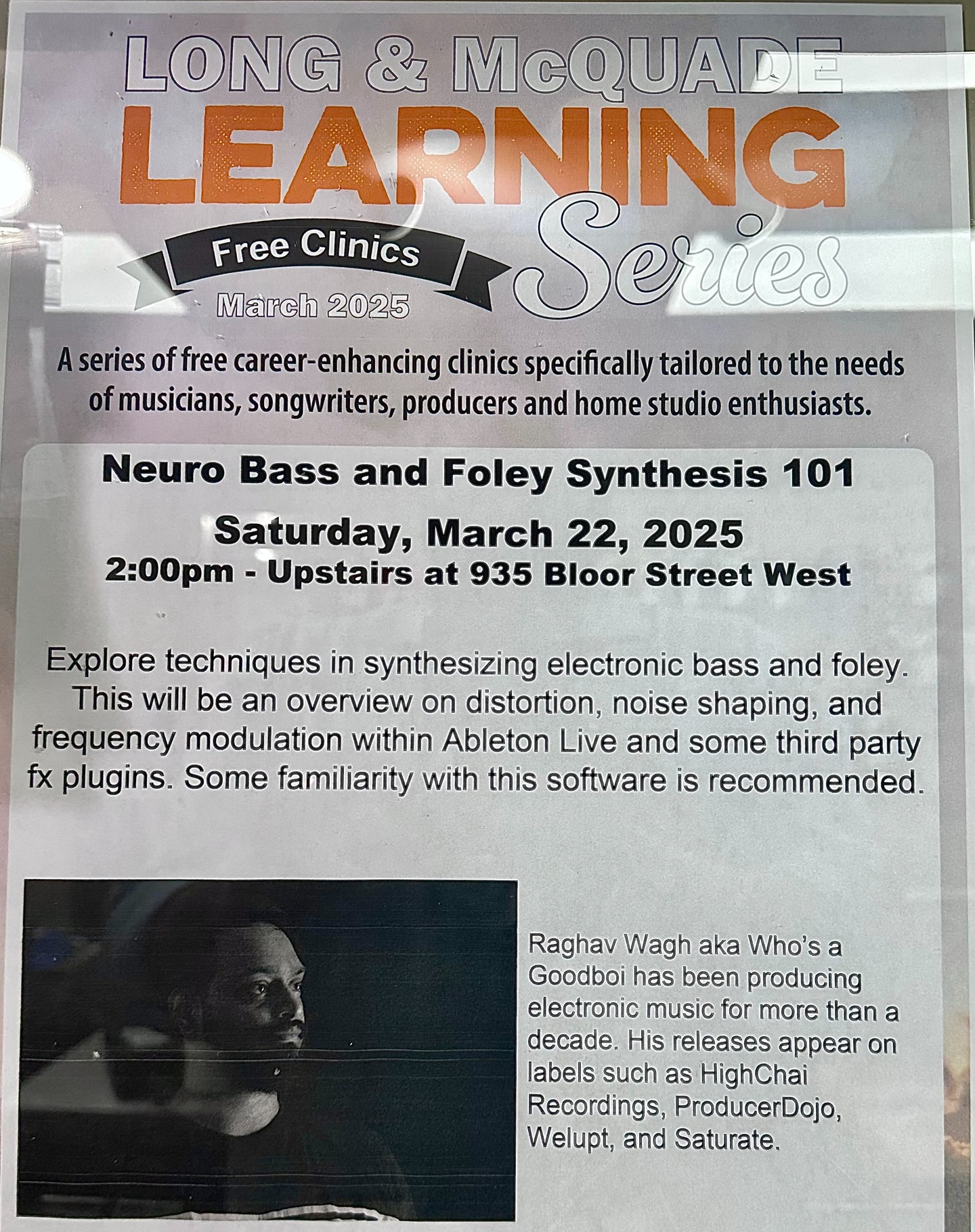 We are conducting a free clinic on March 22nd, 2 pm at our 935 Bloor Street West location. This clinic will focus on making interesting electronic bass sounds and unique foley design.