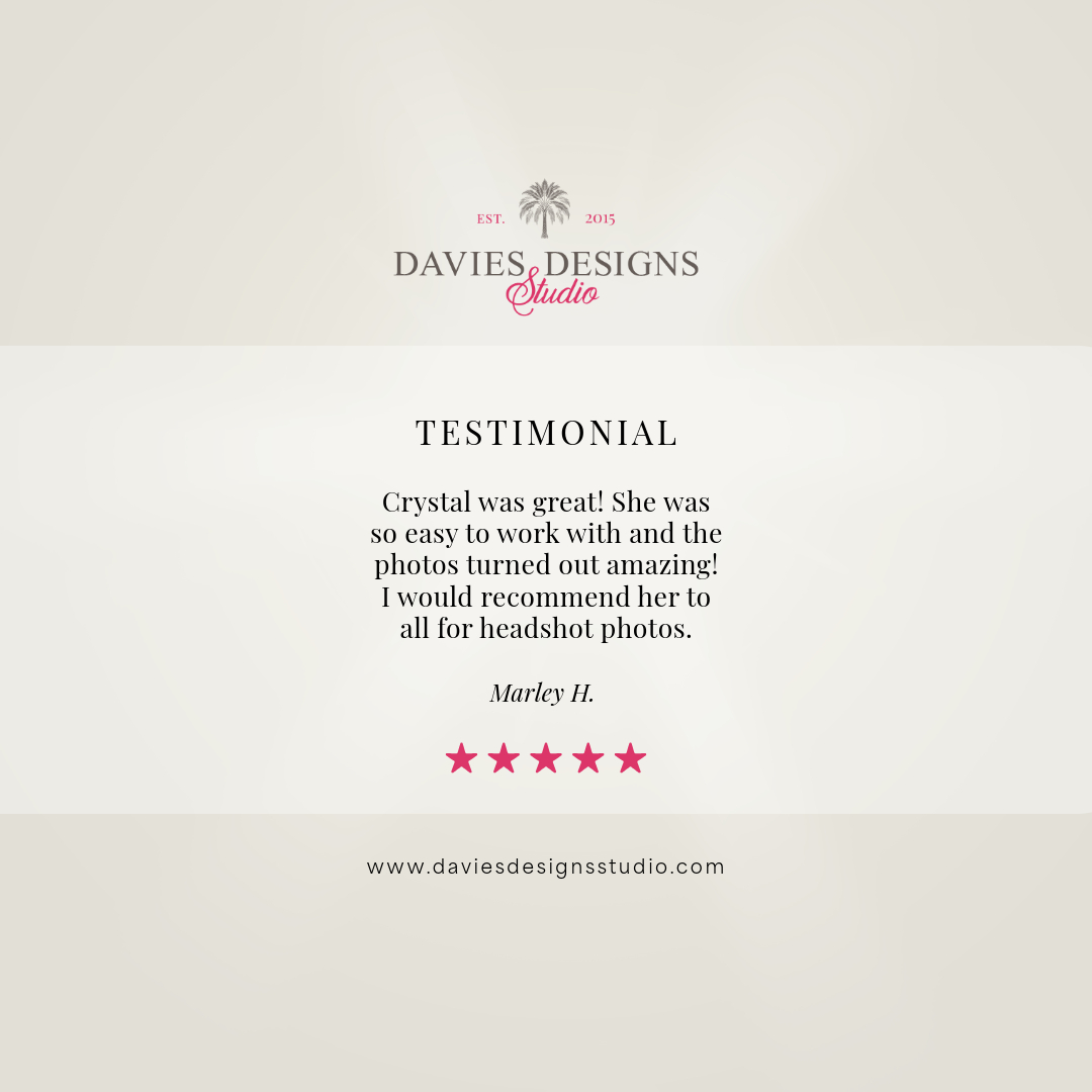 Nothing makes our day more than hearing from happy clients! 🌟 Marley’s kind words about her headshot session truly mean the world. It was such a joy capturing her warmth and personality through the lens!
If you’re looking for a fresh, professional headshot that reflects you, we’d love to help. Visit our website to learn more! 📸✨
www.daviesdesignsstudio.com
#DaviesDesignsStudio #HeadshotPhotography #ClientLove #BrandingMatters