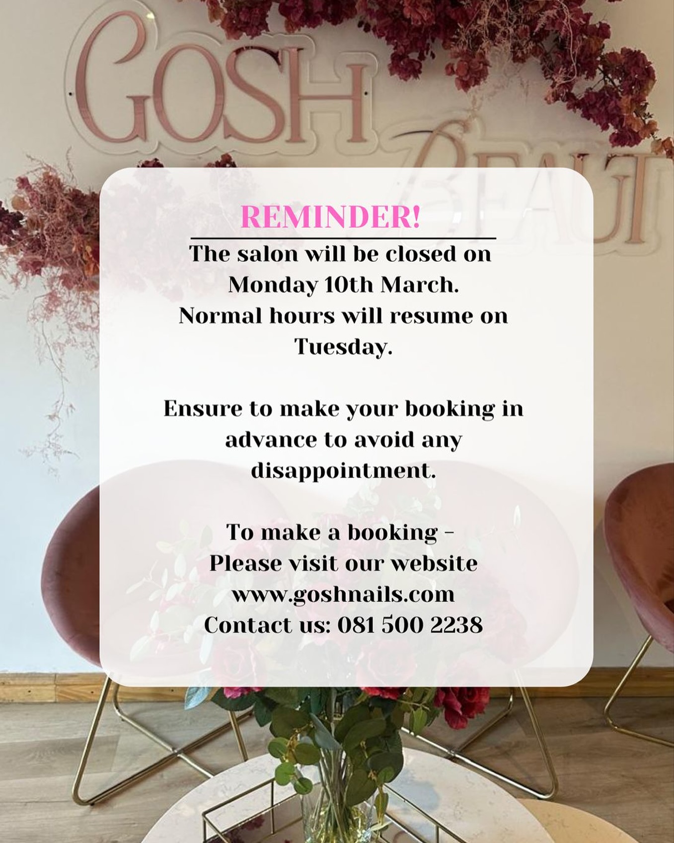 Hi Ladies 💅🏻.
Just a small reminder we will be closed on Monday the 10th March as a small little break all booking request shall be responded to Saturday and on Tuesday 🌸❤️.
Please ensure all bookings are made in advanced
Whatapp nr :081 500 2238
Website : www.goshnails.com
-
-
-
-
#nails #trendynails❤️ #goshnails