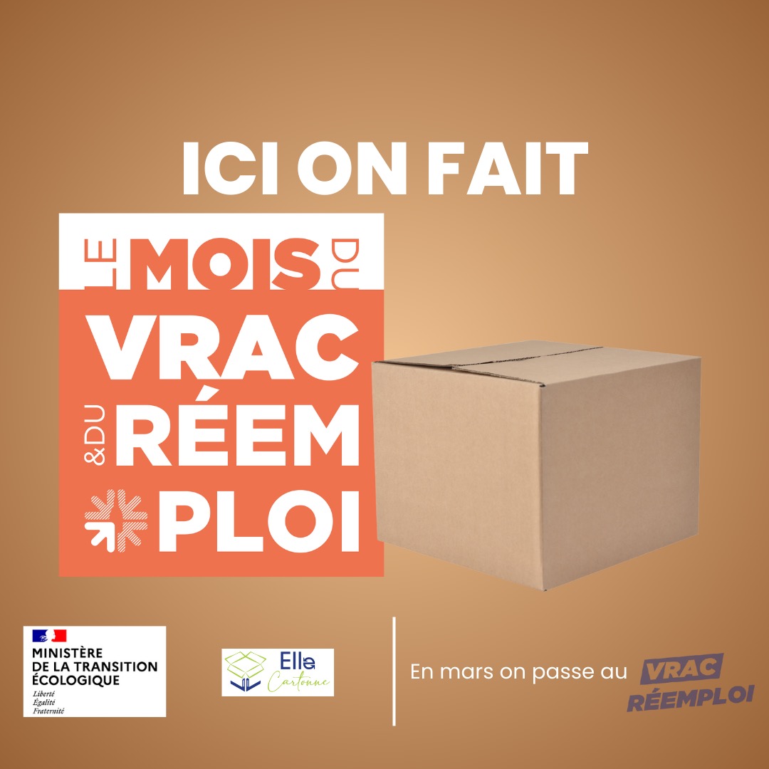 📦 Mars, c’est le mois du réemploi et du vrac ! 🌍
Chez Elle Cartonne, on le sait : le meilleur déchet, c’est celui qu’on ne produit pas ! 💚 L’achat en vrac et le réemploi des matériaux sont deux alliés de taille pour réduire notre impact écologique.
Alors ce mois-ci, célébrez le réemploi des cartons avec Elle Cartonne à l’occasion de la Fête du Printemps au @larayonne_ !
Réservez votre jeudi 20 mars, de 17h à 21h : on espère vous voir nombreux pour un atelier créatif avec des cartons de réemploi !
Plus d’infos très vite ;-)
#MoisDuRéemploi #ZeroDechet #Reemploi #ElleCartonne