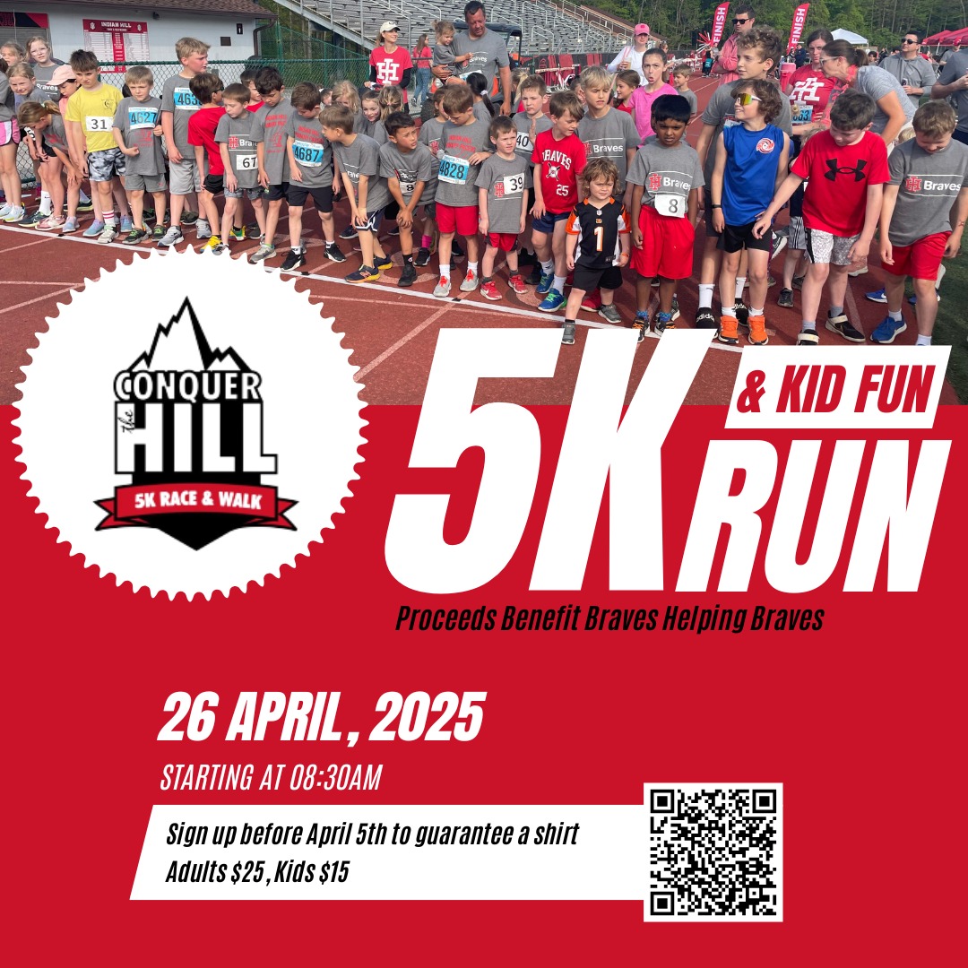Runners, walkers and stroller-pushers are invited to the 14th annual Conquer the Hill on Saturday, April 26th.
5K starts at 8:30 am with a Kid Fun Run following at 9:30 am.
All participants registered prior to April 5th will be guaranteed an Indian Hill t-shirt.
Such a fun way to get out and support our BRAVES!