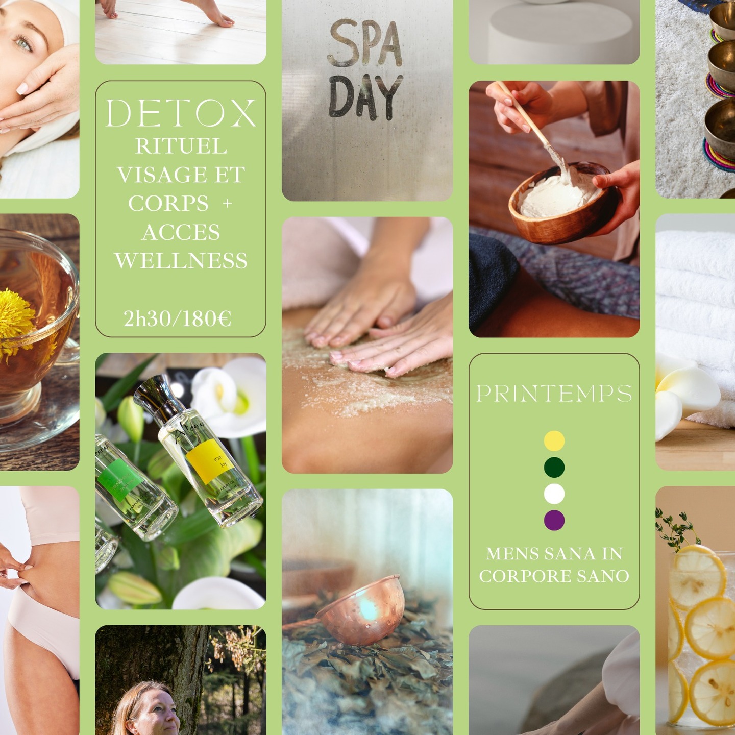 L'Agenda du printemps pour vos rituels wellness est ouvert!
Soin visage purifiant Altearah et massage au Kansa: ancien outil ayurvédique pour travailler des points réflexes et drainer le visage.
Soin corps avec détox dans le sauna, gommage oxygénant dans le Hammam et massage des zones réflexes des pieds et du foie pour activer la détox printanière🌱🌞
Olfaction, méditation sonore et conseils personnalisés.
2h30/180€
#detox #printemps #joie #oxygen #renouveau #wellnessjourney #altearah