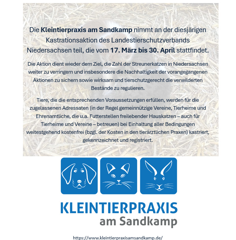𝗞𝗮𝘁𝘇𝗲𝗻𝗸𝗮𝘀𝘁𝗿𝗮𝘁𝗶𝗼𝗻𝘀𝗮𝗸𝘁𝗶𝗼𝗻 𝟮𝟬𝟮𝟱 𝘃𝗼𝗺 𝟭𝟳.𝗠ä𝗿𝘇 𝗯𝗶𝘀 𝟯𝟬. 𝗔𝗽𝗿𝗶𝗹
Wir beteiligen uns an der diesjährigen Aktion zur Katration verwilderter und frei lebender Hauskatzen.
Sollte Hilfe beim Einfangen benötigt werden, vermitteln wir gern einen Kontakt.
#Katzenschutz #Kastrationsprojekt #Katzen #Straßenkatzen