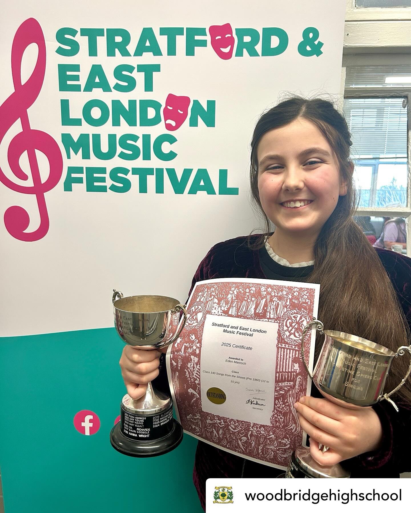 Posted @withregram • @woodbridgehighschool Hitting all the right notes and singing her way to win not one but TWO 1st class trophies, in the Stratford & East London Music Festival, was year 7 student Eden! Huge congratulations! 🙌
Eden, the youngest in her category, showcased an impressive range, from classical and folk to musical theatre — she even took on a piece from an Italian opera! 🎶
Good luck in your singing exam this summer Eden! 🤩
*The Stratford & East London Music Festival is the oldest competitive music festival in the country.
#wearewoodbridge #EastLondonMusicFestival #WoodbridgeMusic #SingingStar #MusicFestival