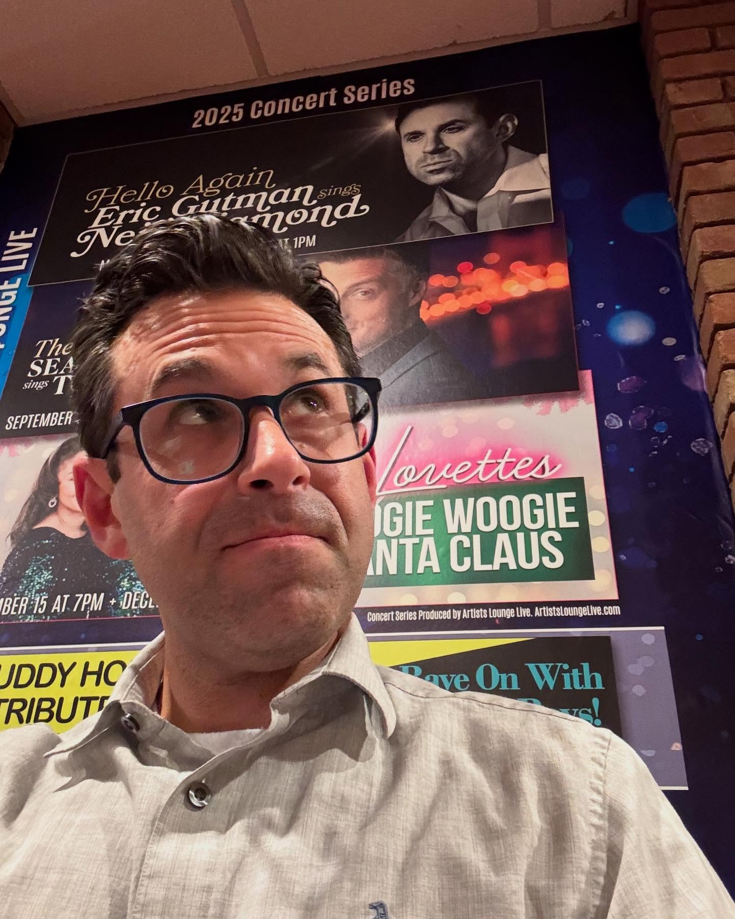 In Chicago for the weekend to rehearse “Hello Again” with @artistsloungelive and got to see this idiot looking at me in the theatre lobby.
Performances are in 9 days. I’d say get tickets, but we’re sold out. Two shows. 550 seats per show.
I really need to learn my lines. And lyrics. And guitar chords. Other than that, it’s going great.