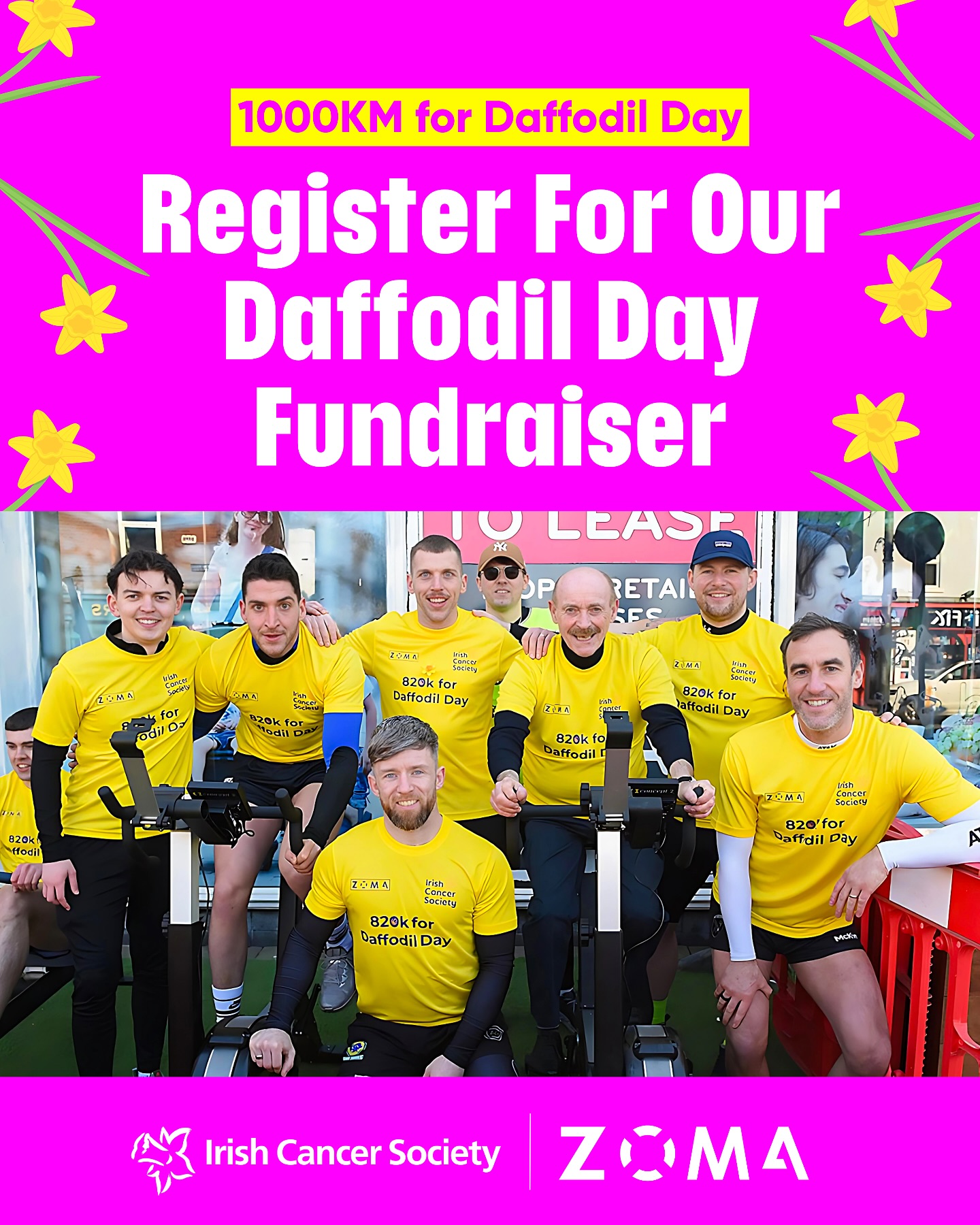 👋 ZOMA’s Daffodil Day Fitness Fundraiser is back!
💪 We’re looking for teams of 4 (friends, clubs, businesses) to join our rooftop fitness challenge on Fri 28th March, 8am-9:20pm at 82 Park St in 20 minute slots. We’ll be using bike/ski/row machines to rack up kilometres, and ZOMA will donate €3 per km to the Irish Cancer Society! 🎗️
Do you and your teammates have the fitness to take on the best? Attempt to beat the highscore set by Team ZOMA at the start of the day, for a shot at €500 cash and the coveted Team of the Year award (with unique jerseys for the winning team). It’s a fantastic opportunity to test your limits and raise money for Daffodil Day.
Interested? Tag your friends in the comments and register here:
www.zoma.ie/daffodil-day