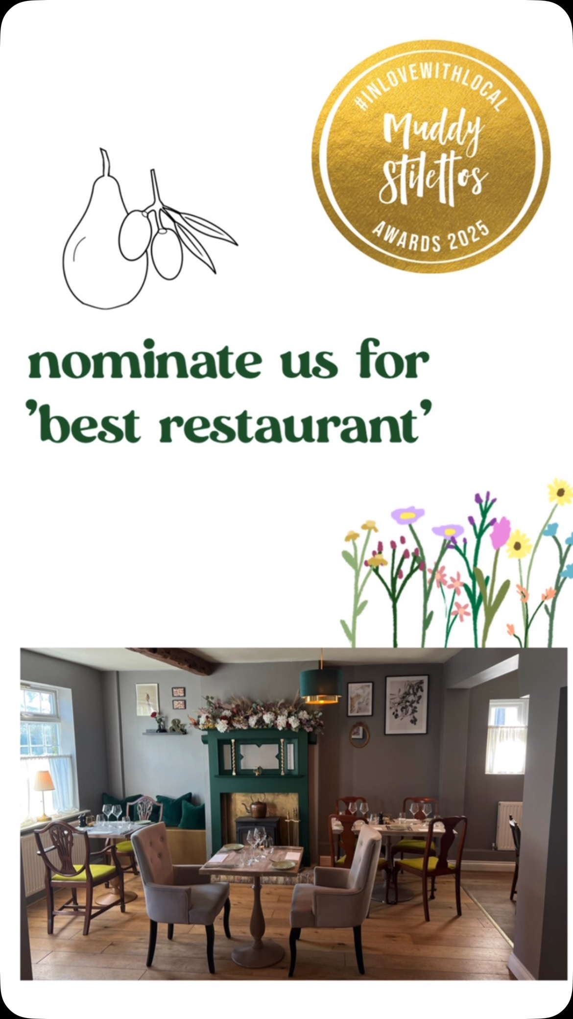 We were shocked to receive a message from @muddysuffolkcambs saying someone had nominated us! Thank you to our mystery supporter 🫶🏻
We’d love to get even more nominations to be in for a chance to reach the next stage.
Please spare us a few minutes if you can… link in our bio!
Beyond grateful for all our customers 🩶
#pearandolive #restaurant #cambridge #hildersham #smallbusiness #village #muddystilettos #award #nominations