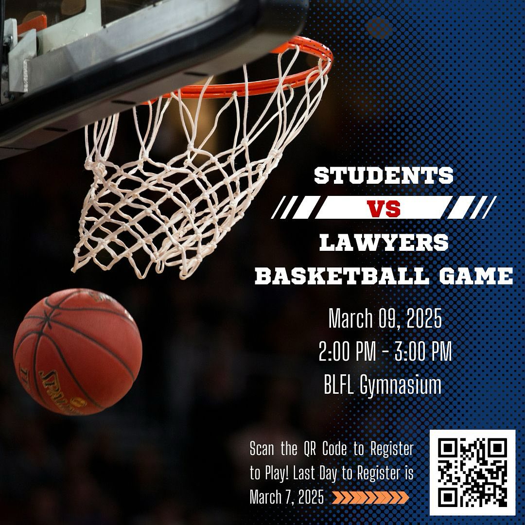 Hey everyone,Â
The LSS is excited to announce that we will be hosting a Lawyers vs Law Student Basketball Game on March 9, 2025, from 2:00 pm to 3:00 pm in the BLFL Gym.Â
If you are interested in playing in the game, please scan the QR code to register. The last day to register is on March 7, 2025. Please note that all are welcome to come watch the game and cheer on their fellow students, similar to the Softball game earlier this year.Â
If you have any questions, please email Cristian at vpexternal.lss@lakeheadu.ca
Thanks!