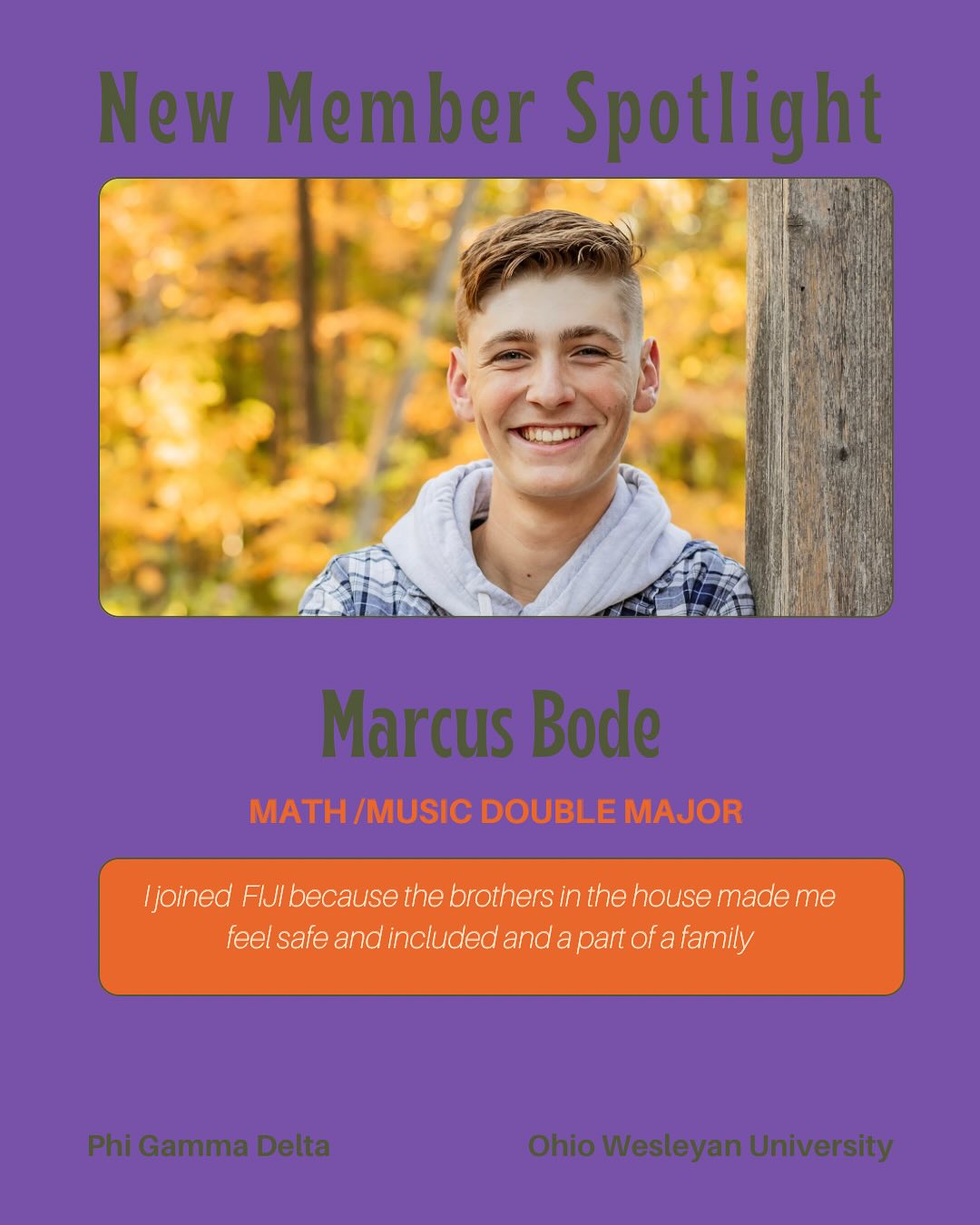 **New Member Spotlight** Welcome to FIJI Marcus Bode! Marcus is a part of the OWU Tennis Team 🎾 Ever since rush started, we knew he belonged at FIJI. Bringing us some diversity in majors, he is majoring in both Math and Music. He plans to be a Mathematics Professor and to do music as a side gig. We can’t wait to see that happen 🟪 P!