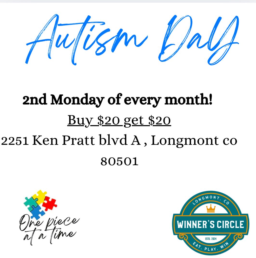 UPDATED POST!
Winners circle in Longmont is now offering every 2nd Monday of each month to be ASD day! Come thrive in a safe , inclusive environment!
#autismawarenessandacceptance #autismawareness #winnerscircle #longmontcolorado #supportlocal #onepieceatatime
