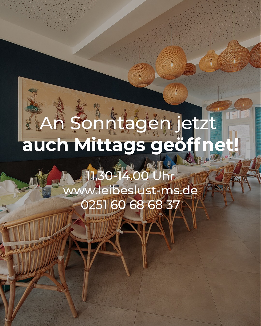 An Sonntagen jetzt auch mittags geöffnet - 11.30-14.00Uhr.
Reserviert Euch jetzt einen Tisch telefonisch oder über unsere Website!
www.leibeslust-ms.de
0251 60 68 68 37
Kommt vorbei und genießt die Kulinarik Österreichs 🇦🇹!