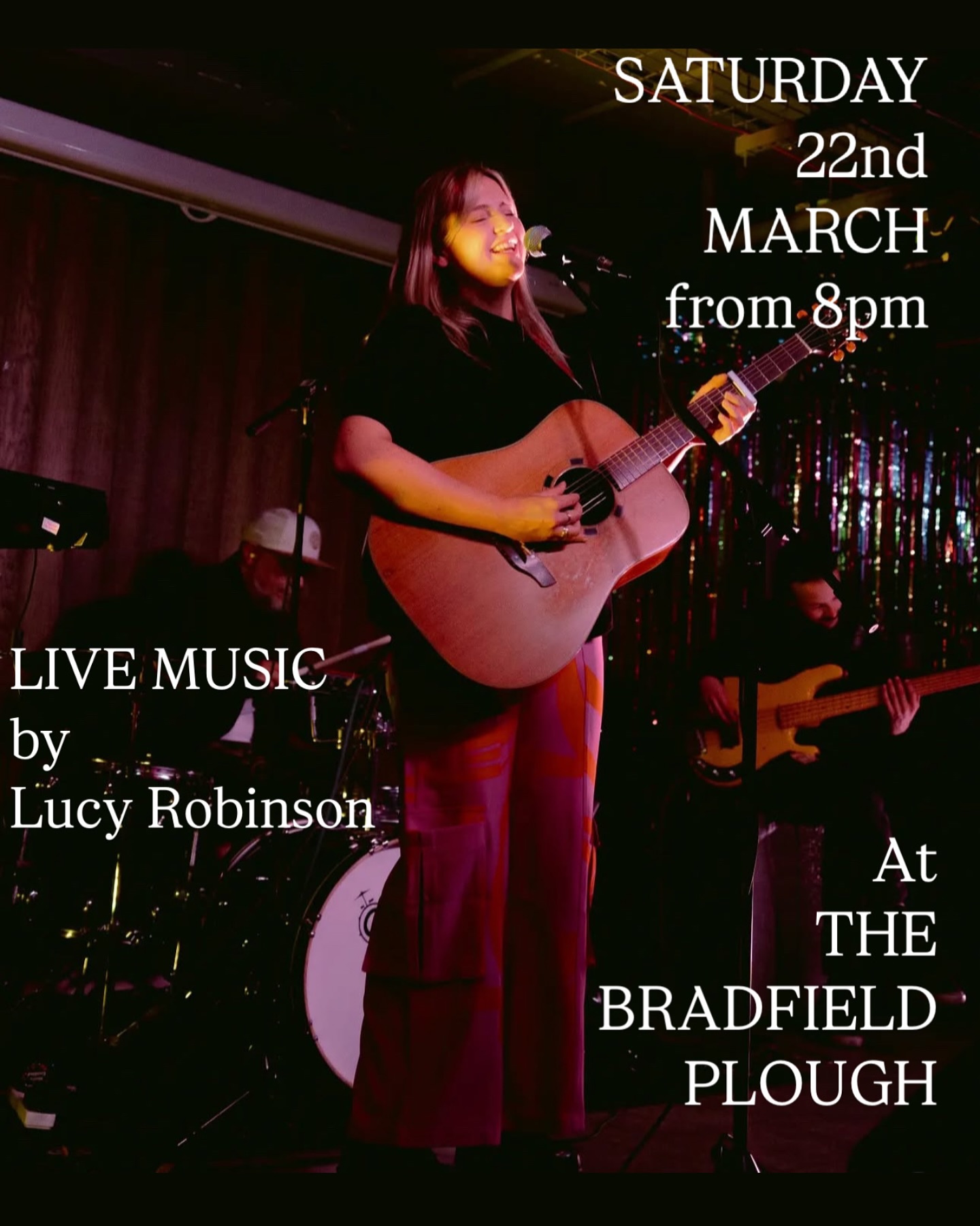 Here at The Bradfield Plough you can expect monthly acoustic live music evenings!
Saturday 22nd March is next in the diary and we’re welcoming Lucy Robinson to the Tap Room stage, so why not pencil it in your diary and join us for a meal or perhaps just a drink with friends! 🎶