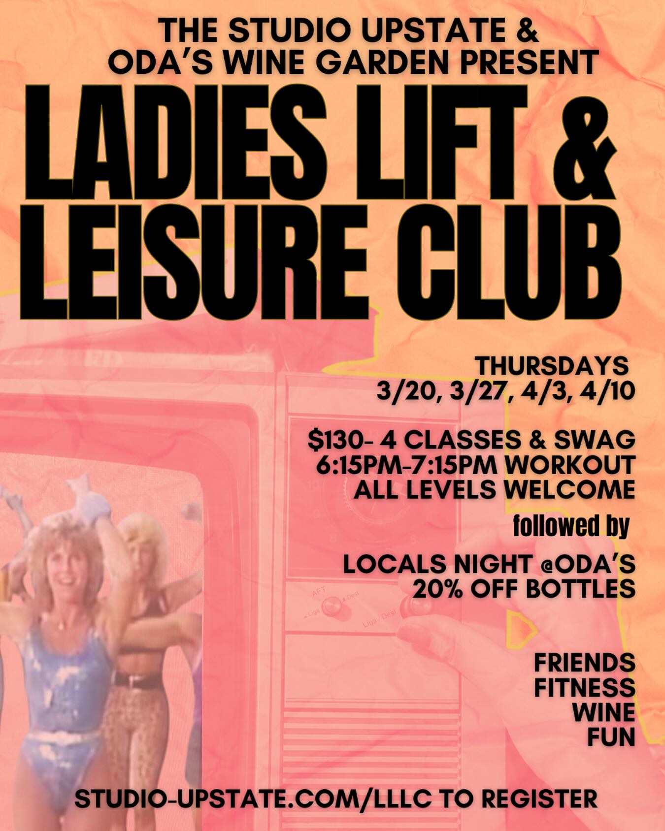 Nothing to wine about here....LADIES LIFT & LEISURE IS BACK and better than ever because this time we're joining forces to leisure with @odawinegarden
Hold for applause.
The skiing is gone, the trails are muddy, the shoulder season is upon us, and best of all - the nights are getting brighter and lighter, so we'll start at 6:15pm and sweat on for one hour!
For four Thursdays this Mud Season, come learn how fun and important working out and learning to lift, especially for women, can be! We're not here to pump up like Arnold and go after Miss Olympia, we're going to learn basics (which can be tailored to all levels if you're already experienced!) like body weight movements, how to use free weights and the bench, squat rack, treadmill and more!
This is the perfect club to join if you want to gain confidence AND FRIENDS in the weight room in a completely nonjudgmental, progressive learning environment, with like minded women and a nurturing and FUN teacher. All ages and levels welcome! And also, like, there's wine and food after...moderation amirite?
After each class, we'll strut down to Oda's Wine Garden for locals night to enjoy some fine post-workout food and drink! What's the work without the wine?? 20% off bottles too!
So, what are you waiting for! Follow link above to register, only 10 spots available and $130 includes:
4 Thursday, one hour classes, starting 3/20, 3/27, 4/3 & 4/10
20% off bottles post class
old & new friends and something to do during Mud Season (that's an official season)
LLLCxOda's SWAG ITEM
Who will the lucky 10 be?!! If you're already a member or client and want me to register you, just text me or reply to this email OR hit the link in bio.
#workout #wine #delawarecountyny #catskills #groupexercise #thestudioupstate #visitmargaretville #visitmargaretvilleny #gym #ladies #janefonda