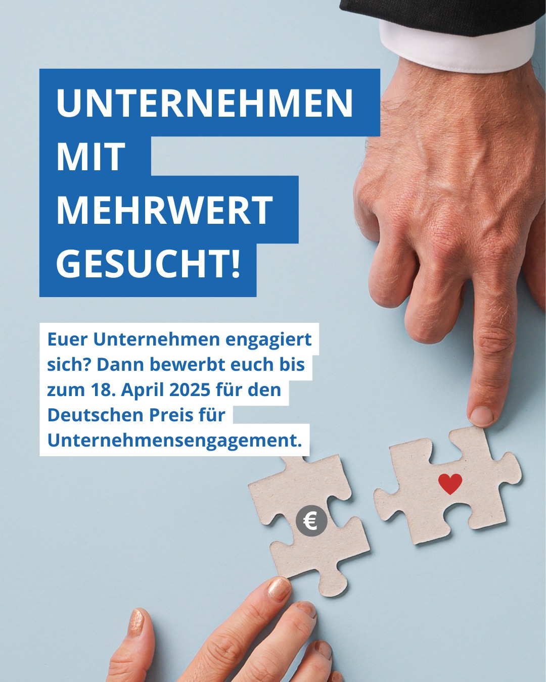 Deutscher Preis für Unternehmensengagement 🏆
Euer Unternehmen setzt sich freiwillig für Chancengerechtigkeit, Teilhabe, Demokratie oder Klimaschutz ein? Dann macht euer Engagement sichtbar!
Zum ersten Mal wird 2025 der Deutsche Preis für Unternehmensengagement verliehen. Ausgezeichnet werden Unternehmen, die über ihr Kerngeschäft hinaus gesellschaftliche Verantwortung übernehmen.
Unternehmen, die sich sozial oder ökologisch engagieren, können sich selbst bewerben. Zusätzlich haben gemeinnützige Organisationen und Kommunen die Möglichkeit, engagierte Unternehmen zu nominieren.
📅 Bewerbungsschluss: 18. April 2025
🏆 Preisverleihung: 27. Mai 2025 in Berlin
Die Bewerbung ist ganz einfach: Auf www.unternehmensengagementpreis.de gibt es ein kurzes Formular zur Anmeldung oder Nominierung.
#Unternehmensengagement #CorporateVolunteering #Ehrenamt #Nachhaltigkeit #SozialesEngagement #Preisverleihung #NEAvernetzt