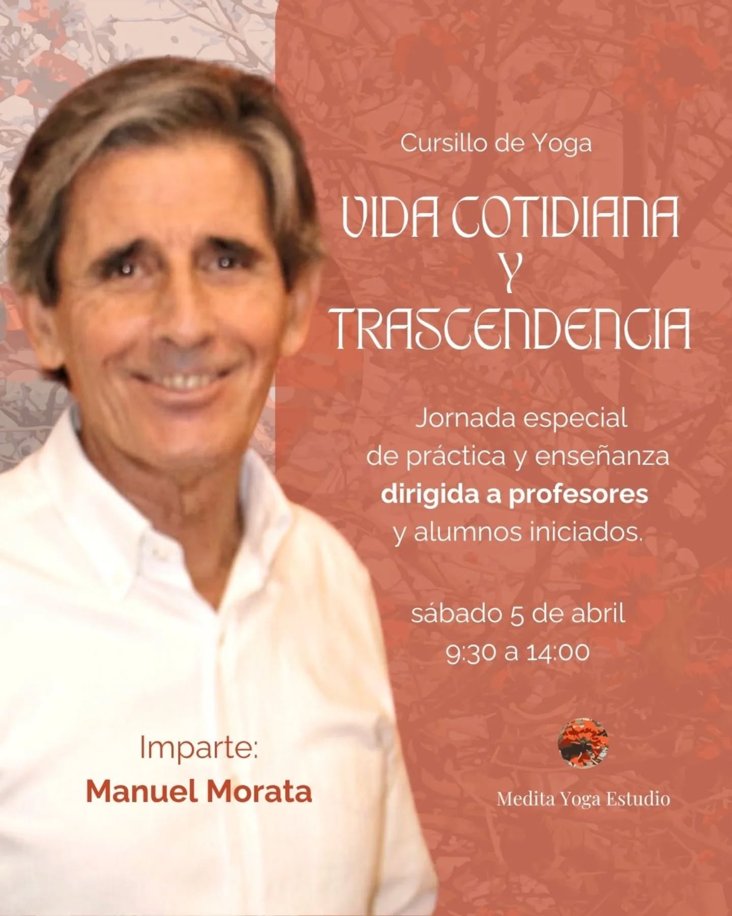 ✨Cursillo de Yoga VIDA COTIDIANA Y TRASCENDENCIA✨
🗓️ Sábado 5 Abril 2025.
🧘🏻IMPARTE Manuel Morata:
Formador de profesores de Yoga. Escuela Aragonesa de Yoga (reconocida por la Unión Europea de Yoga - U.E.Y.).
Gracias a la invitación de Rosa Reija, profesora y alumna de Manuel Morata, Medita Yoga Estudio organiza en Valencia esta jornada especial de práctica y enseñanza DIRIGIDA A PROFESORES Y ALUMNOS INICIADOS.
Discípulo directo de *Nil Hahoutoff* y *Svami Satyananda*, Manuel ha formado gran cantidad de profesores de yoga en toda España desde 1980.
Es autor de numerosas publicaciones, entre las que destacan libros de referencia para todo practicante o profesor, como: _“Yoga. Teoría, práctica y metodología aplicada”_ o _“Yoga, ampliación. Teoría, práctica y pedagogía. Kriya yoga”._
⏳PROGRAMA:
9:30 - Recepción
9:45 - Introducción a la esencia del yoga
10:15 - Sesión de yoga: Breve meditación (15 min)
10:30 - 11:15 - Karanas y salutaciones
11:15 - 12:45 - Āsana, prāṇāyāma y mudrā
12:45 - 13:15 - Contemplación y meditación
13:15 - 13:45 - Sat-Sang: Resumen y dudas
13:45 - Clausura
*Sólo 12 plazas.* Inscripción llamada/whatsapp al 609 39 27 05 (Mudi)
🔗*Info completa aquí:* (Enlace en Story- Actividades)
https://www.meditayogaestudio.es/cursillo-de-yoga-manuel-morata
#yoga #meditacion #yogavalencia #meditacionvalencia #Manuelmorata #meditayogaestudio