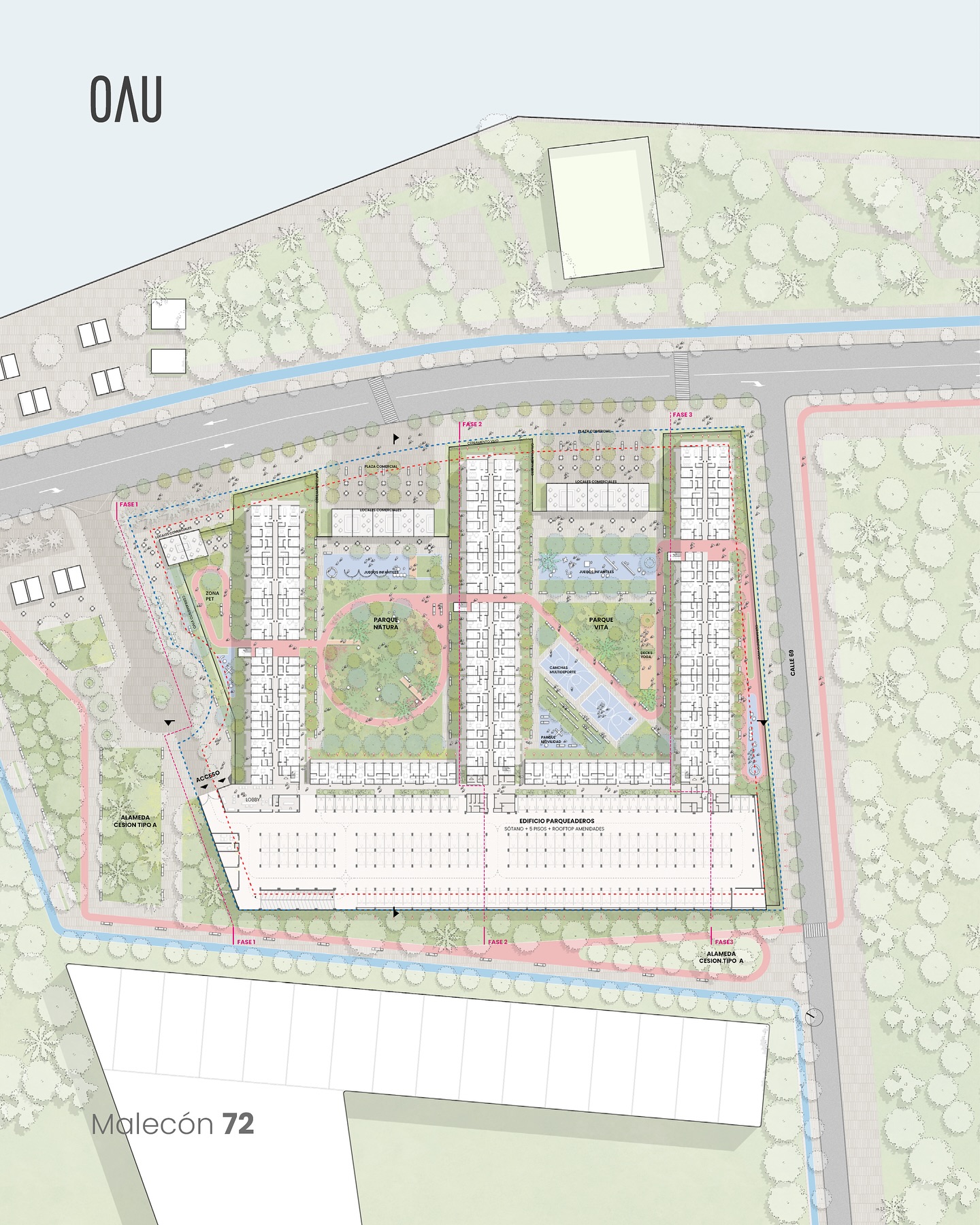 _Malecón 72
Un proyecto que se articula con el Gran Malecón de Barranquilla a través de patios abiertos que conectan la arquitectura con el paisaje.
En el primer nivel, la continuidad vegetal enlaza el malecón con el proyecto, permitiendo una integración natural entre el espacio público y privado. Los patios amplios no solo abren el conjunto hacia el entorno, sino que también extienden la experiencia del malecón hacia el interior.
Más que un límite, el proyecto prolonga el paisaje y refuerza su relación con el río.
@malecon72_
_Créditos
Promotor: Promotora Casa Verde @rvivesguerra
Ventas: @inciti.co
Constructora: @ydn.com.co
Equipo OAU
Rodrigo Chain + Andrés Oyaga Loewy
+
Mateo Cañas
German Gonzalez
Zaida Ustariz
Nicolás Paz