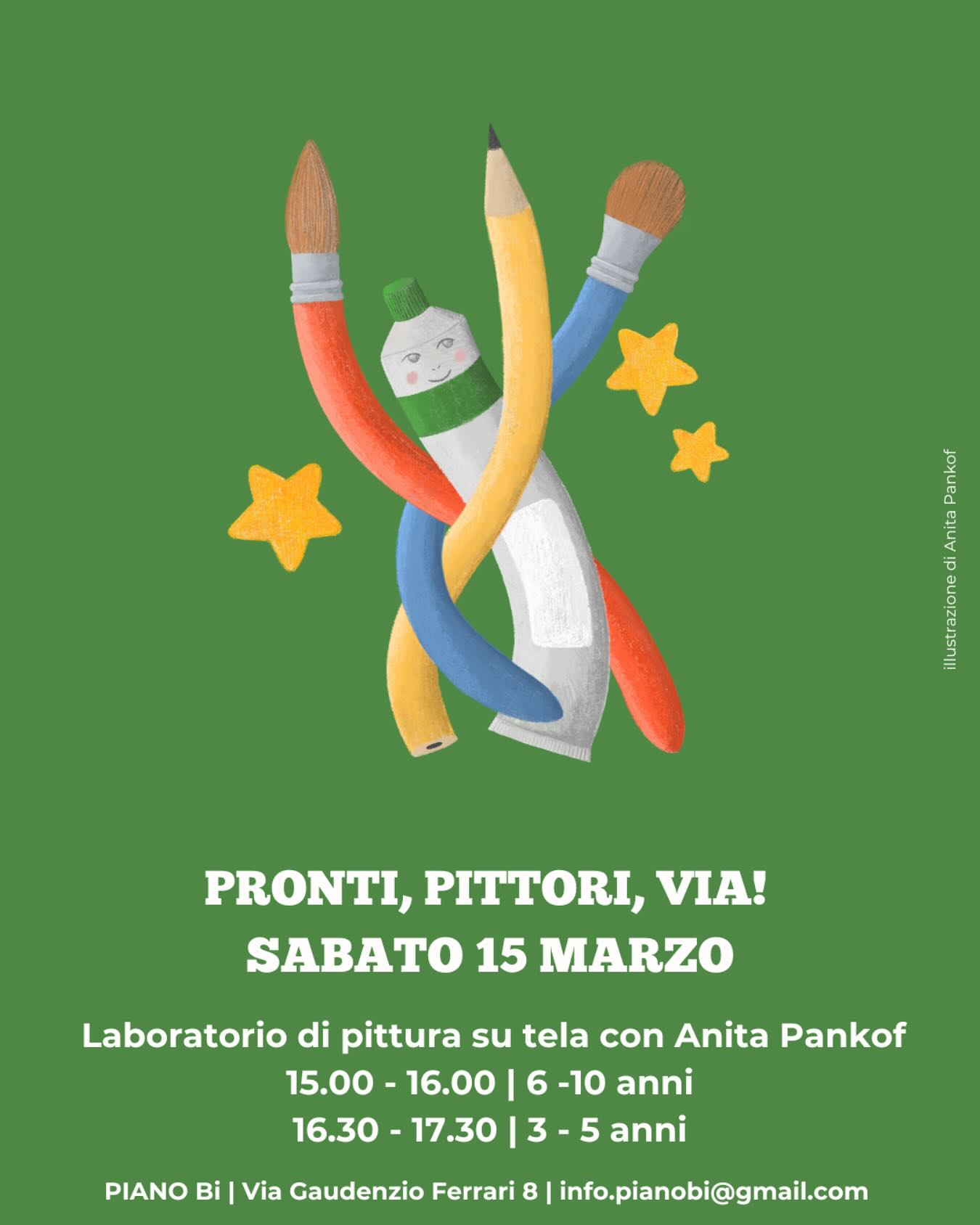 Pennelli in mano e via!
Sabato 15 marzo vi aspettiamo per una giornata speciale dedicata alla pittura in compagnia di @anita_pankoff 🎨
Guidati dalla nostra Anita i bambini realizzeranno dei veri capolavori su tela!
Per info e prenotazioni scrivi a info.pianobi@gmail.com 🤍
