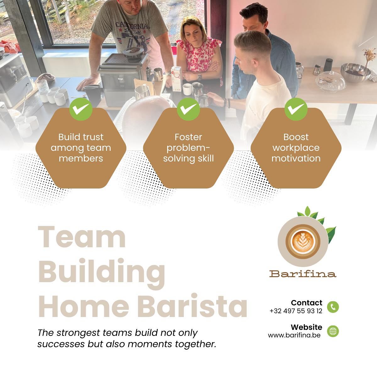 Goede koffie brengt mensen samen, maar een leuke koffie workshop doet dat nóg beter! Tijdens onze gezellige Barista Boost leren teams niet alleen de kunst van het perfecte kopje koffie, maar ook hoe samenwerking en plezier hand in hand gaan. Samen melk opschuimen, espresso zetten en proeven – de ideale mix voor een geslaagde teambuilding!
Zin om jouw team dichter bij elkaar te brengen? Ontdek onze formules op www.barifina.be en verzend je aanvraag. #barifina #espresso #latteart #teambuildingevent #samensterk