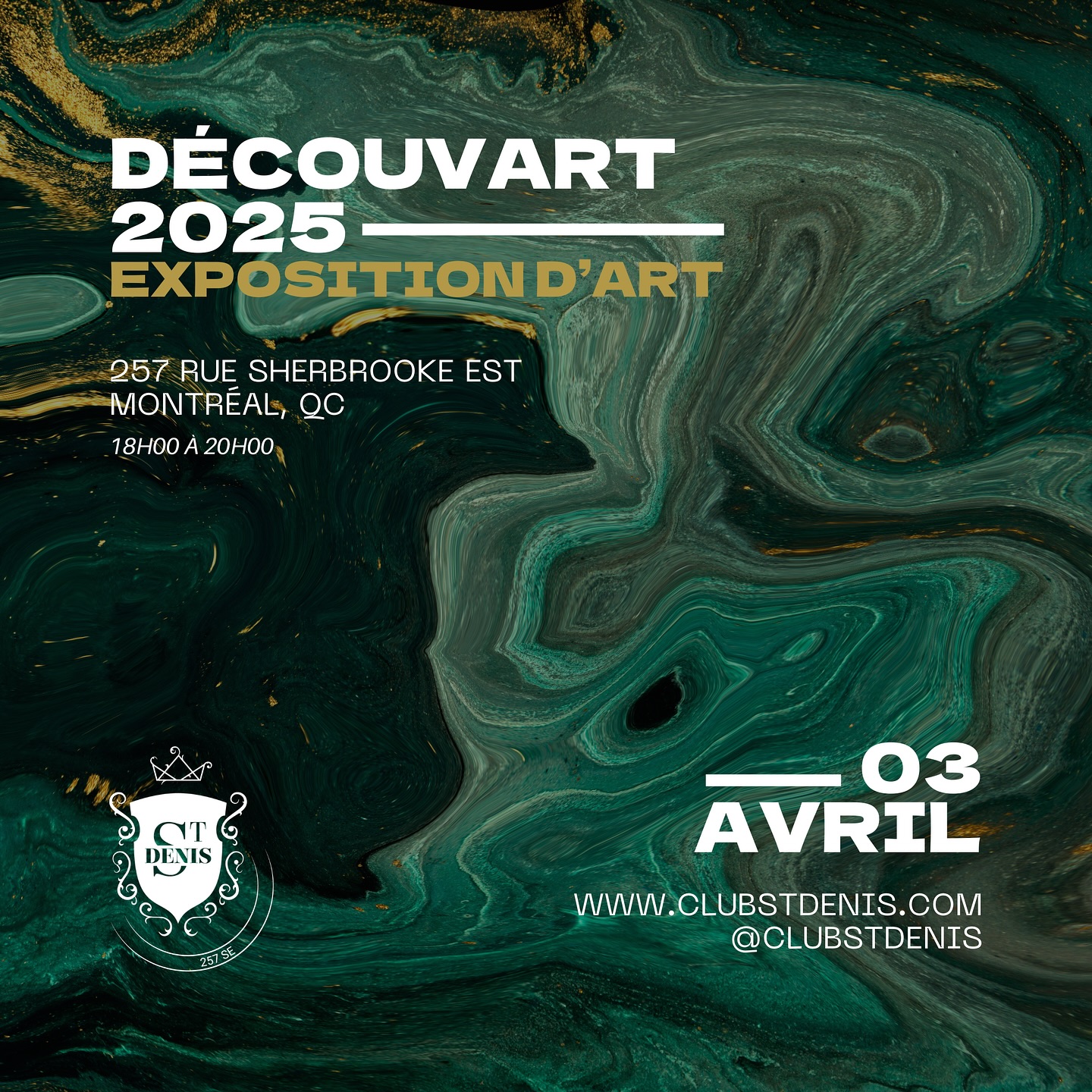 DécouvART - 2e édition
Le Club St-Denis ouvre ses portes au public pour une soirée dédiée à l’art émergent québécois. Venez découvrir les œuvres de @micheltdesroches, @tiffanyleblc, @iartmimm0, @andydass, @nagie_art et @duval.art lors de ce vernissage exclusif.
📅 3 avril 2025
📍 Club St-Denis
🎟️ Billets – Lien en bio
Ne manquez pas cette opportunité de plonger dans l’univers des talents d’ici!
#DécouvART #Vernissage #ArtÉmergent #ClubStDenis