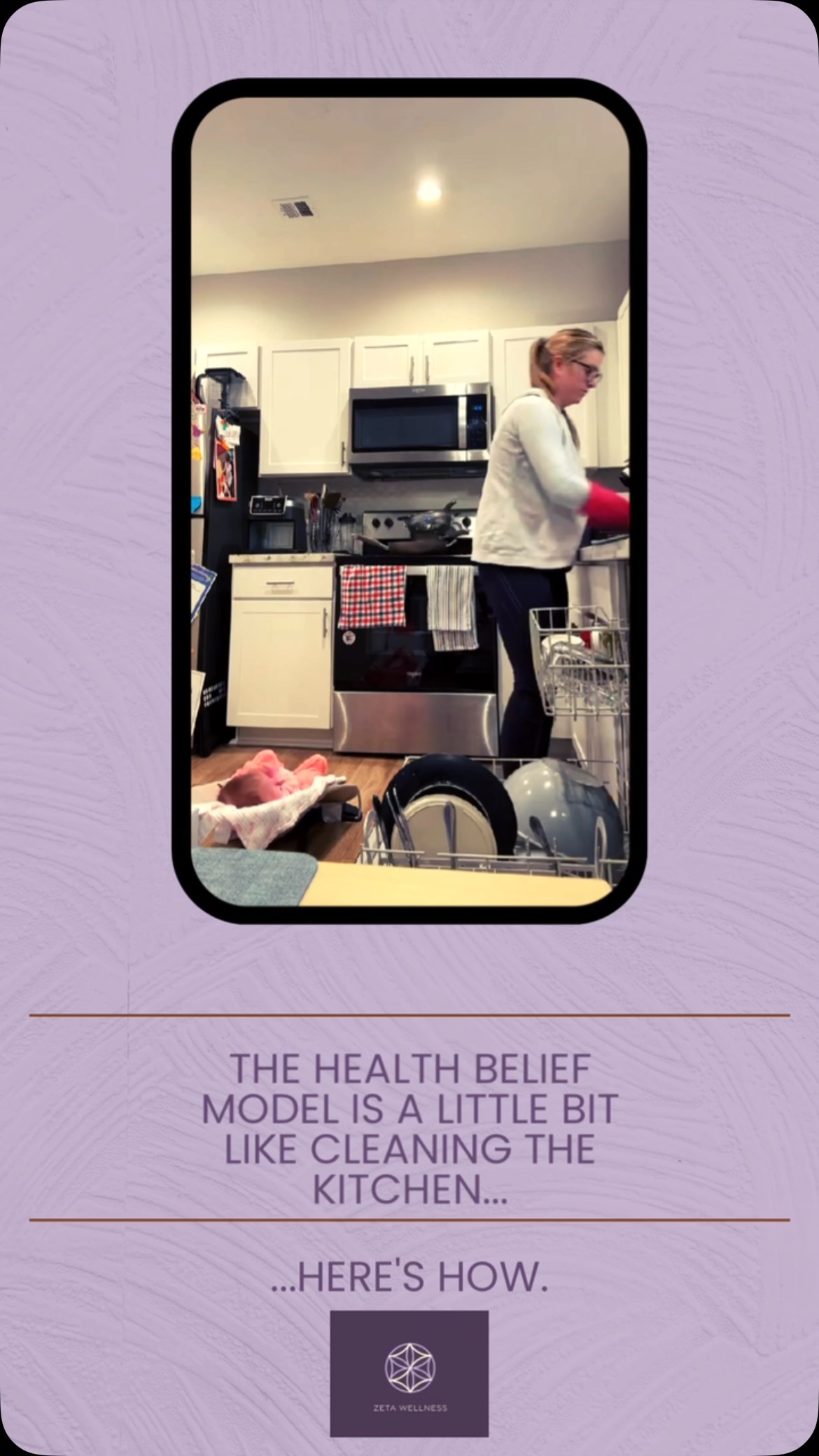The Health Belief Model is usually most applicable when deciding to make a change. This framework looks at the threat of a potential health risk versus one’s capacity to change.
How likely is it that I’ll encounter this health problem? How likely is it that this problem will seriously affect me?
How significant will making a change benefit me? How difficult will it be to make a change?
Now, back to the kitchen. When do you decide to clean your kitchen? Do you weigh the pros and cons of how late at night it is?
Your energy levels? What happened at work that day? How significantly your kids weren’t exactly little angels? How many dishes are in the sink?
Other things that could use your time at the moment? If there is something in the sink that could stink up the house? Your learning history of waking up to a clean kitchen?
Your desire to food prep or use the kitchen without additional work? If company is coming over? If you want to identify as a person who regularly has a clean kitchen?
No shame in deciding to put off doing the dishes one night! There’s no one-size-fits-all answer to the decisions in your life, no matter how guilty influencers might make you feel.
The decision to act based on these variables is most likely a contextual, daily decision. What’s something in your wellness journey that you can relate to the Cleaning Kitchen action? #zetawellness