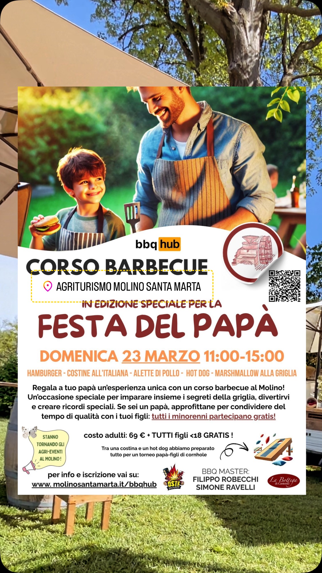 Regala a tuo papà un’esperienza unica con un corso barbecue al Molino! Un’occasione speciale per imparare insieme i segreti della griglia, divertirvi e creare ricordi speciali. E se sei un papà, approfittane per condividere del tempo di qualità con i tuoi figli: tutti i minorenni partecipano gratis!
#festadelapapà #bbq