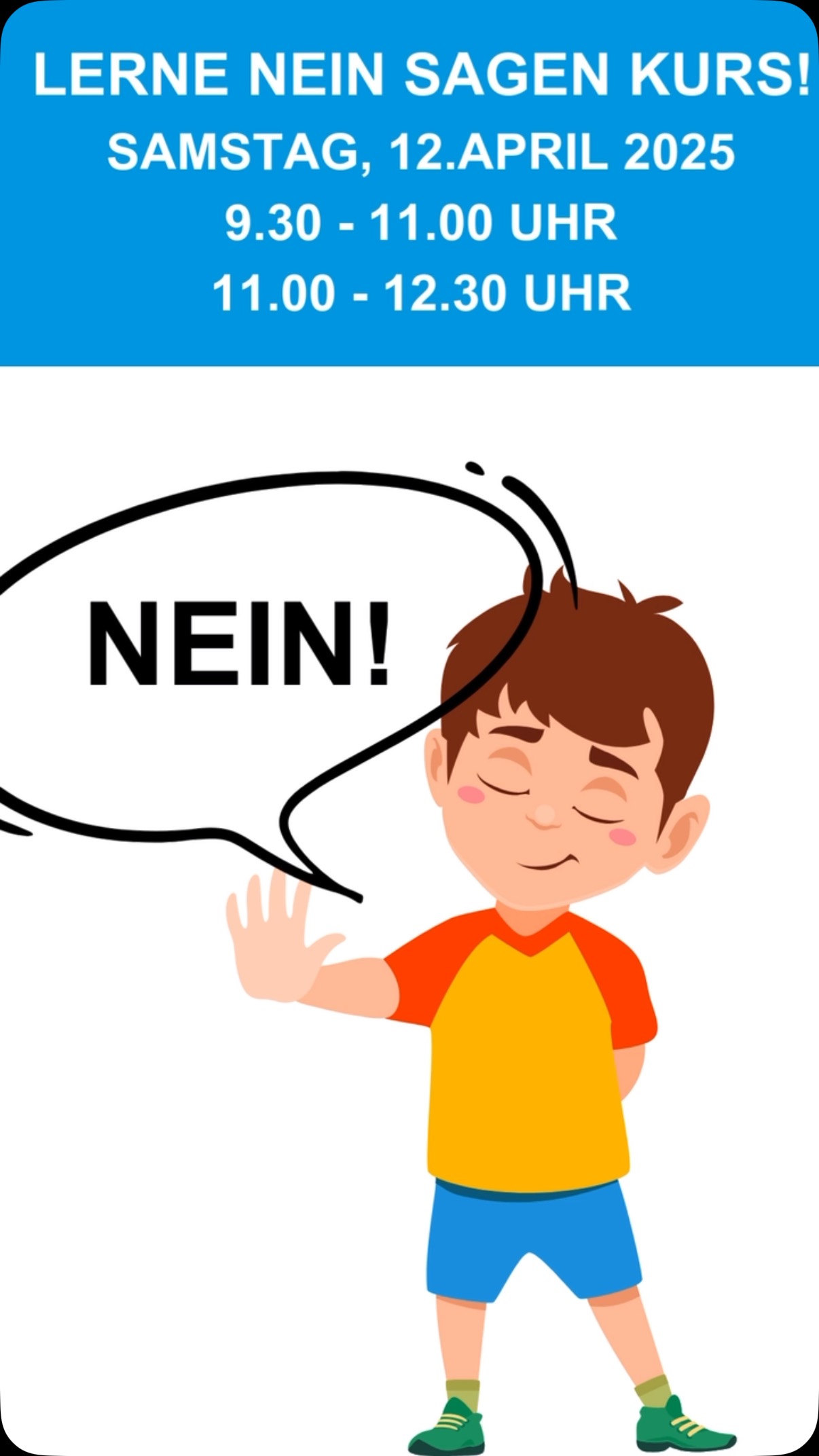 Unser beliebter lerne nein sagen Kurs ist zurück.
Meldet euch schnell an, es ist ein enorm wichtiger Kurs für Kindern, der hilft die etwas heikleren Themen abzusprechen ohne Angst zu vermitteln!